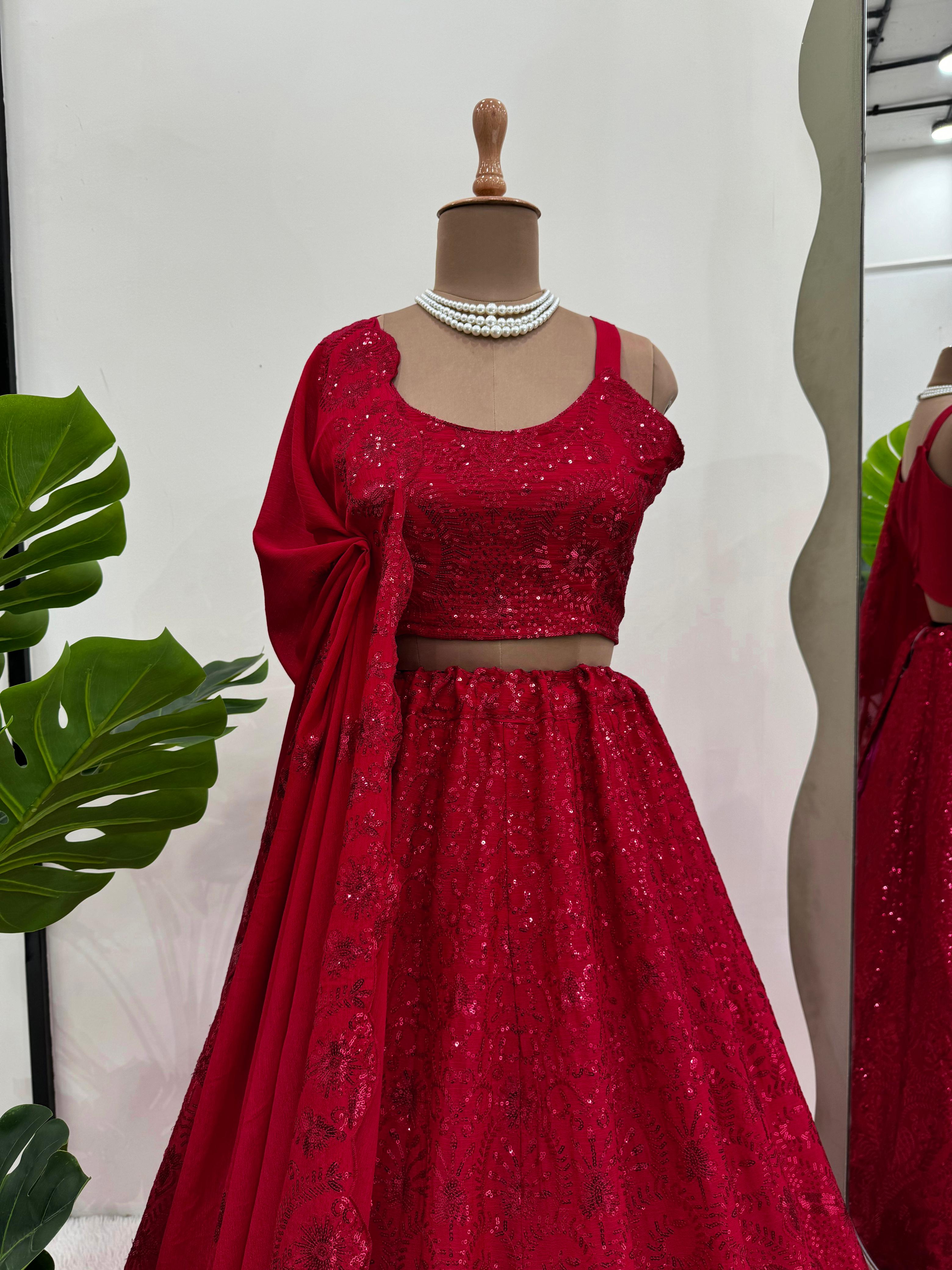 Reception Wear Maroon Color Chinon Silk And Thread With Sequence Designer Lehenga