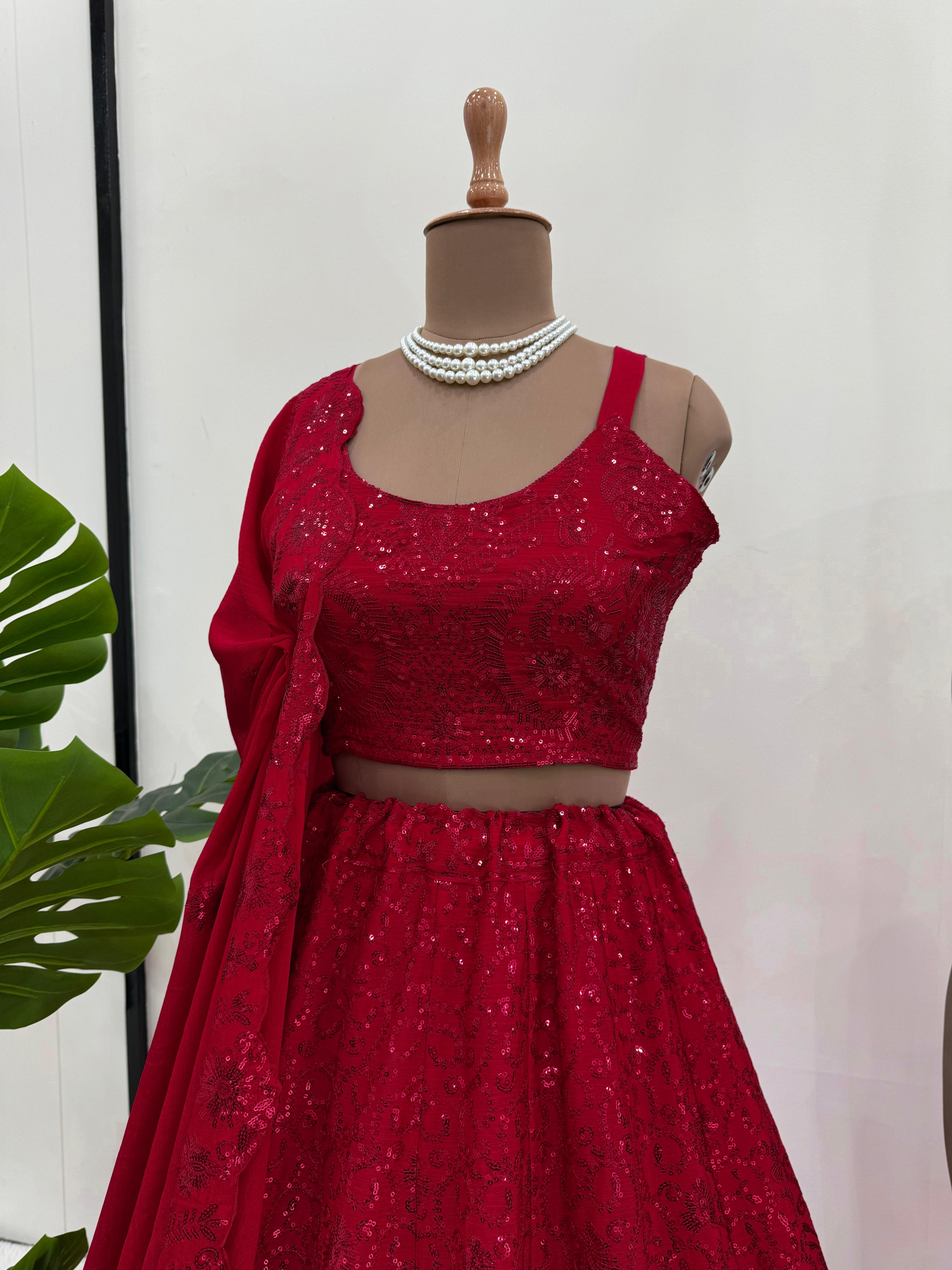 Reception Wear Maroon Color Chinon Silk And Thread With Sequence Designer Lehenga