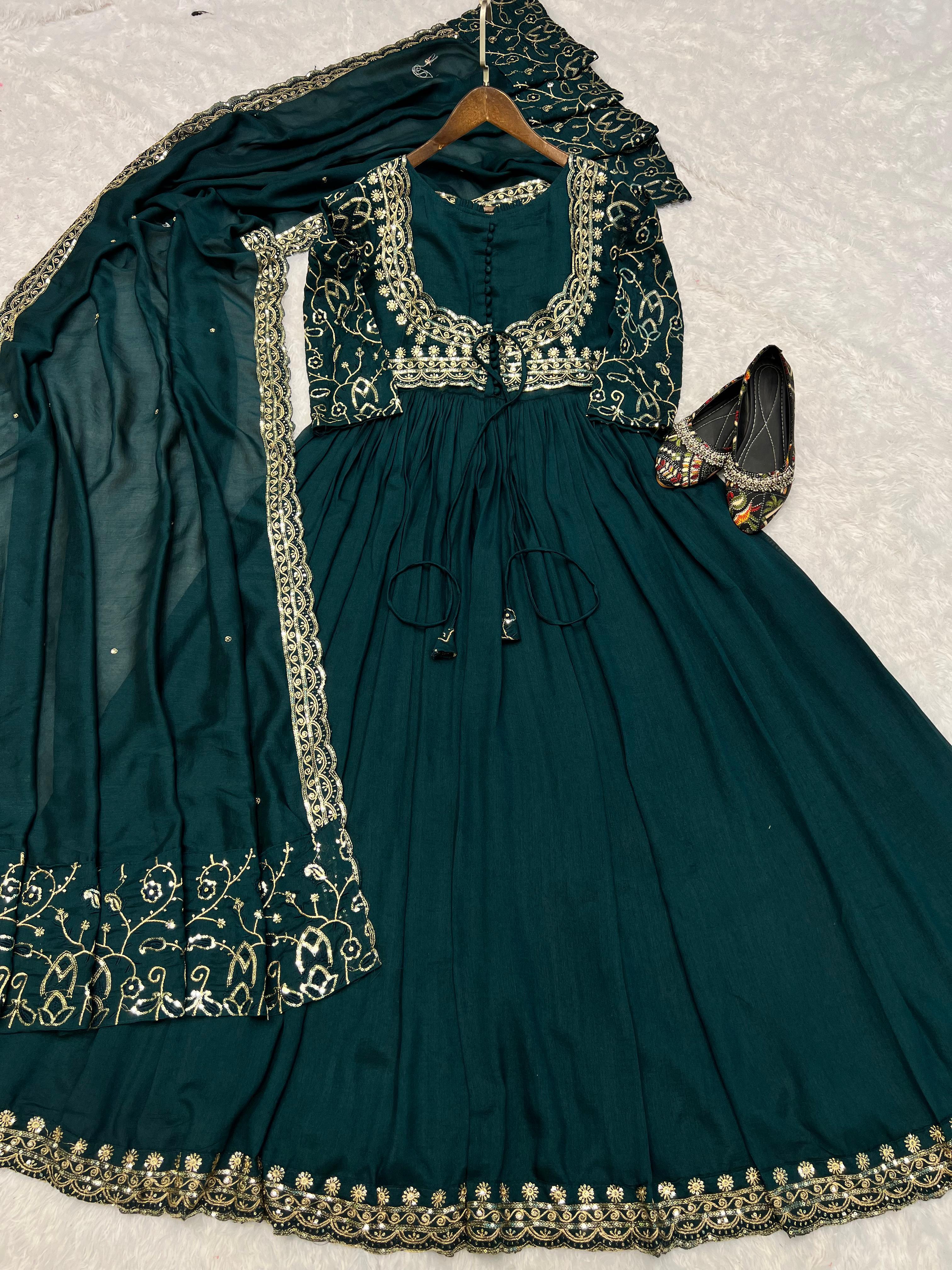 Party Wear Green Color Vichitra Silk With Embroidery Sequence Work Anarkali Suit