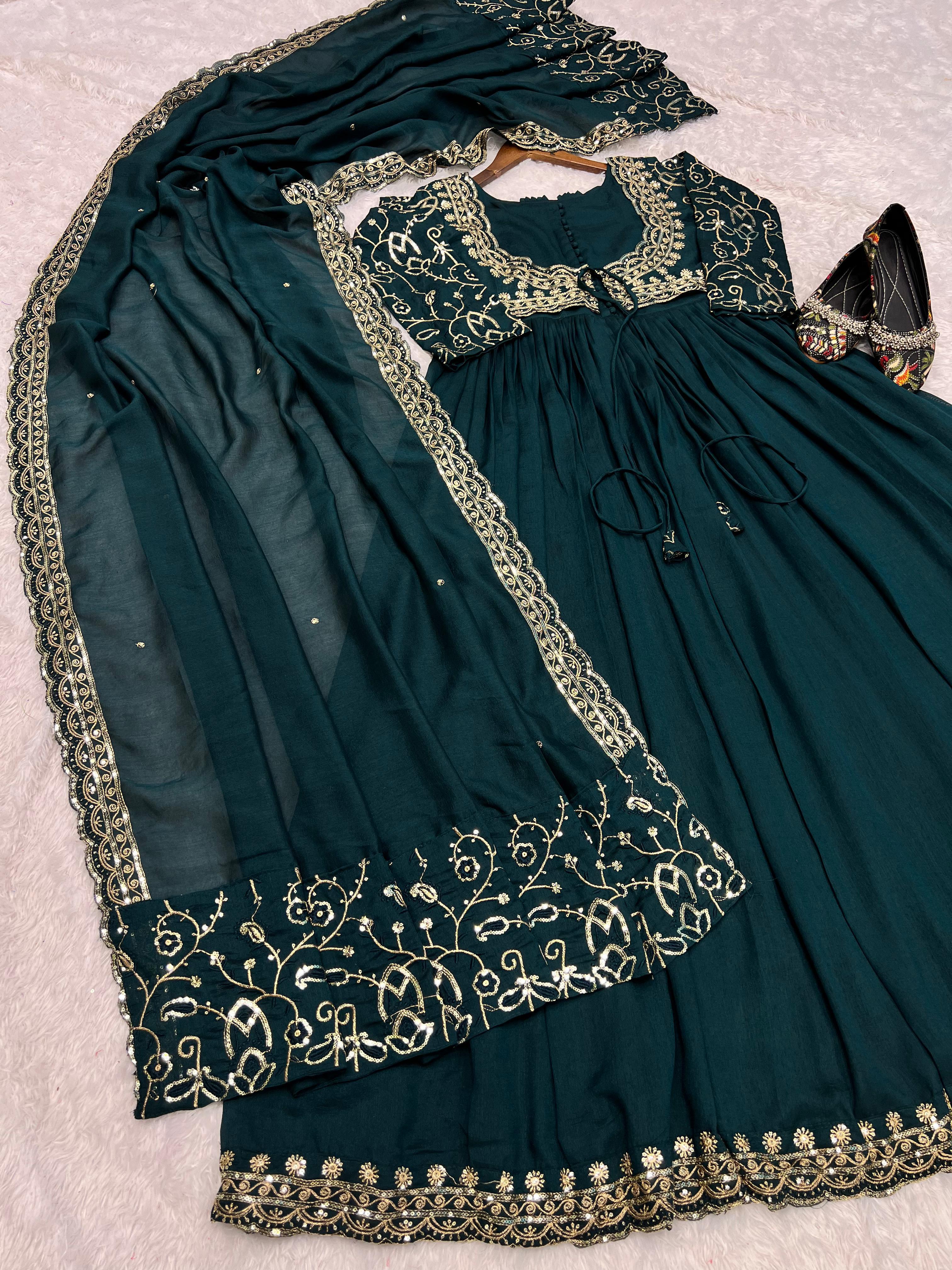 Party Wear Green Color Vichitra Silk With Embroidery Sequence Work Anarkali Suit