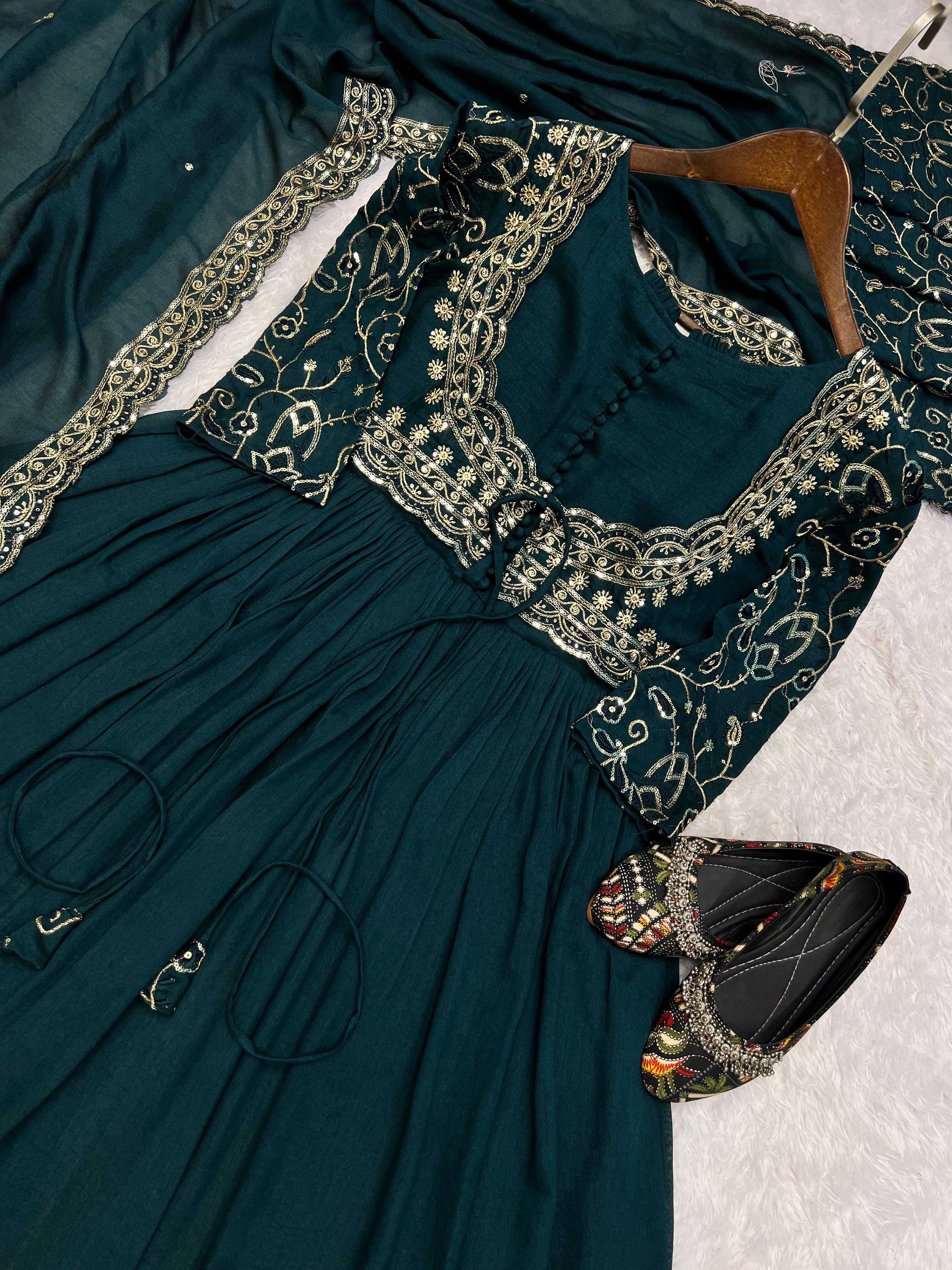 Party Wear Green Color Vichitra Silk With Embroidery Sequence Work Anarkali Suit