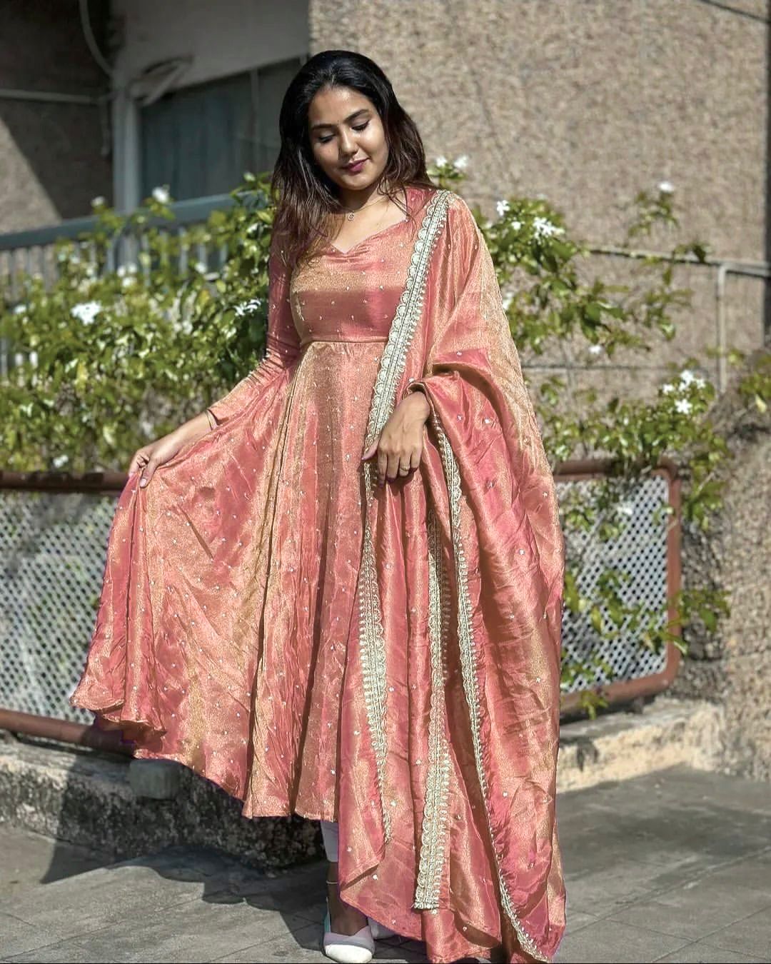 Classy Dusty Peach Color Pure Fancy Twill Gold Net With Embroidery 5mm Sequence Work Anarkali Gown