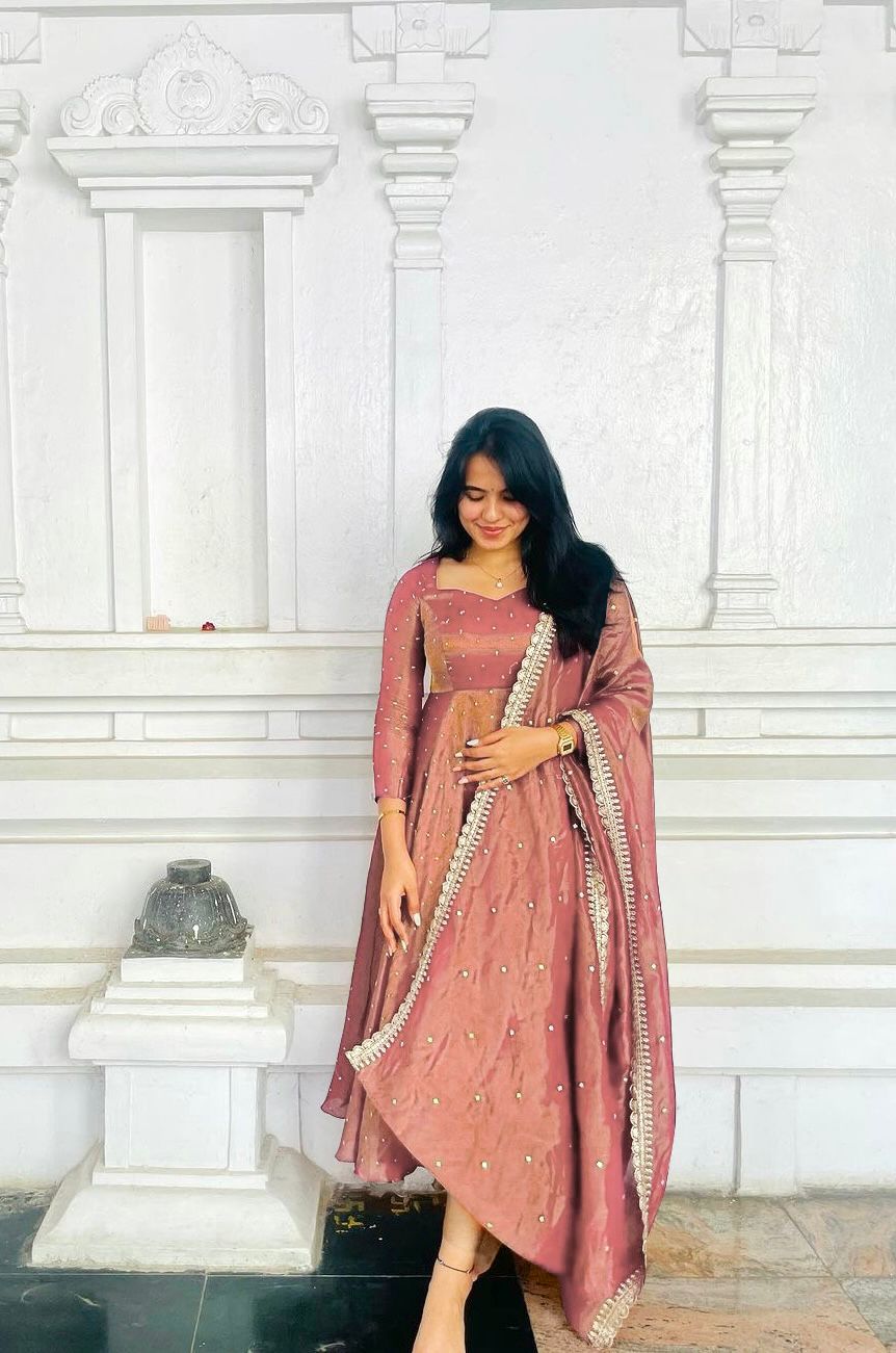 Classy Dusty Peach Color Pure Fancy Twill Gold Net With Embroidery 5mm Sequence Work Anarkali Gown