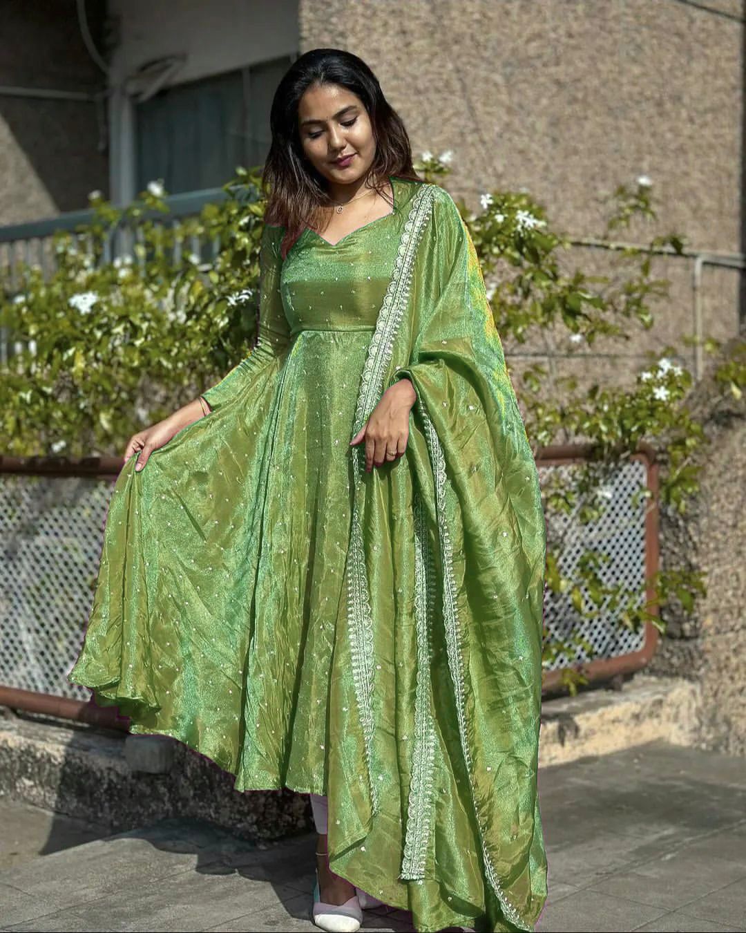 Trendy Green Color Pure Fancy Twill Gold Net With Embroidery 5mm Sequence Work Anarkali Gown