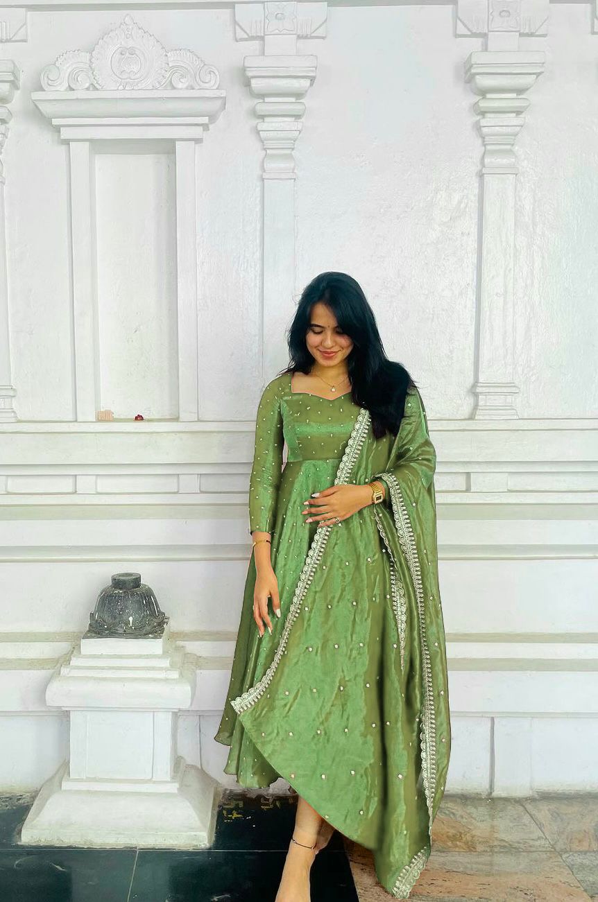 Trendy Green Color Pure Fancy Twill Gold Net With Embroidery 5mm Sequence Work Anarkali Gown