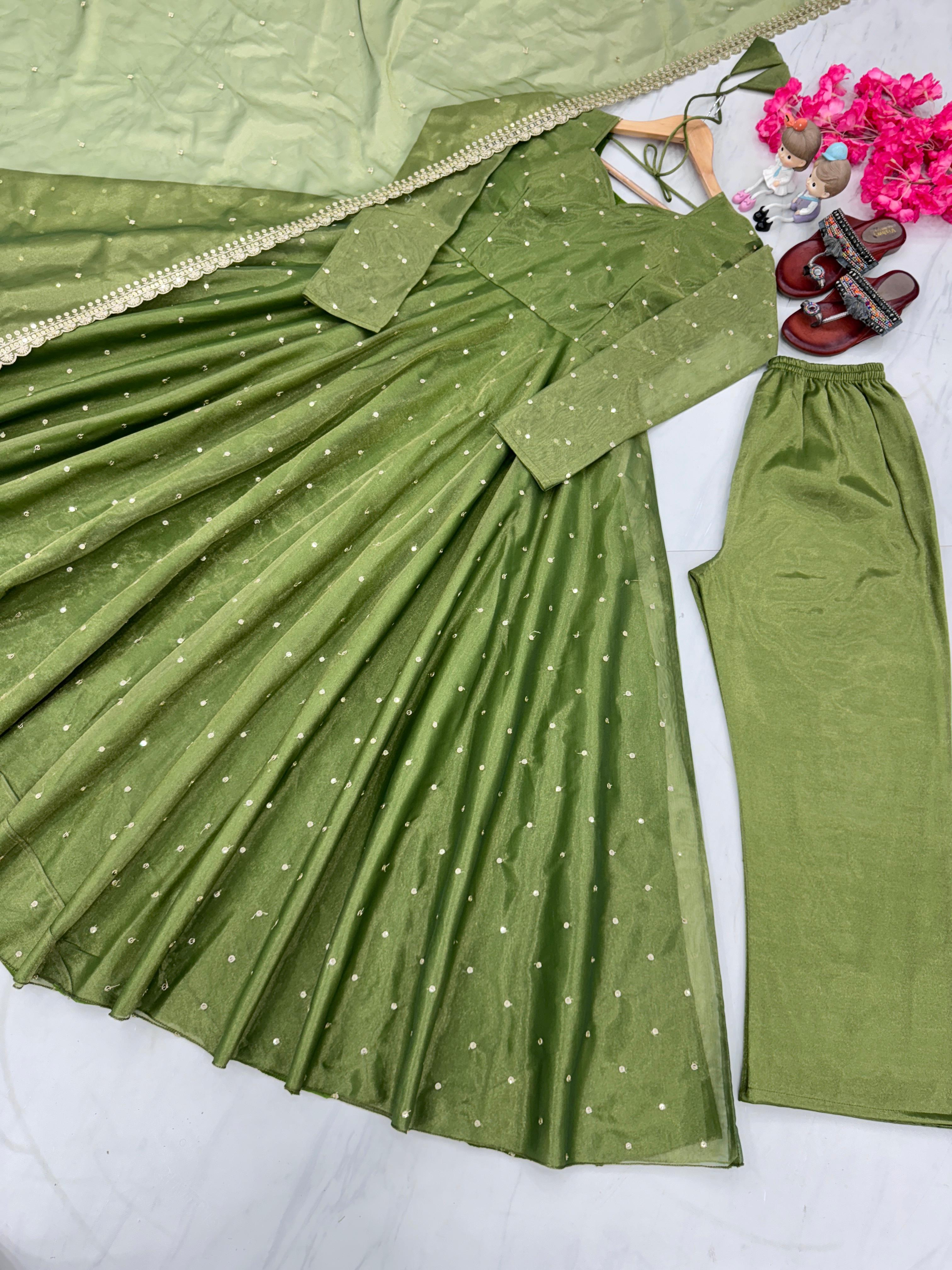 Trendy Green Color Pure Fancy Twill Gold Net With Embroidery 5mm Sequence Work Anarkali Gown