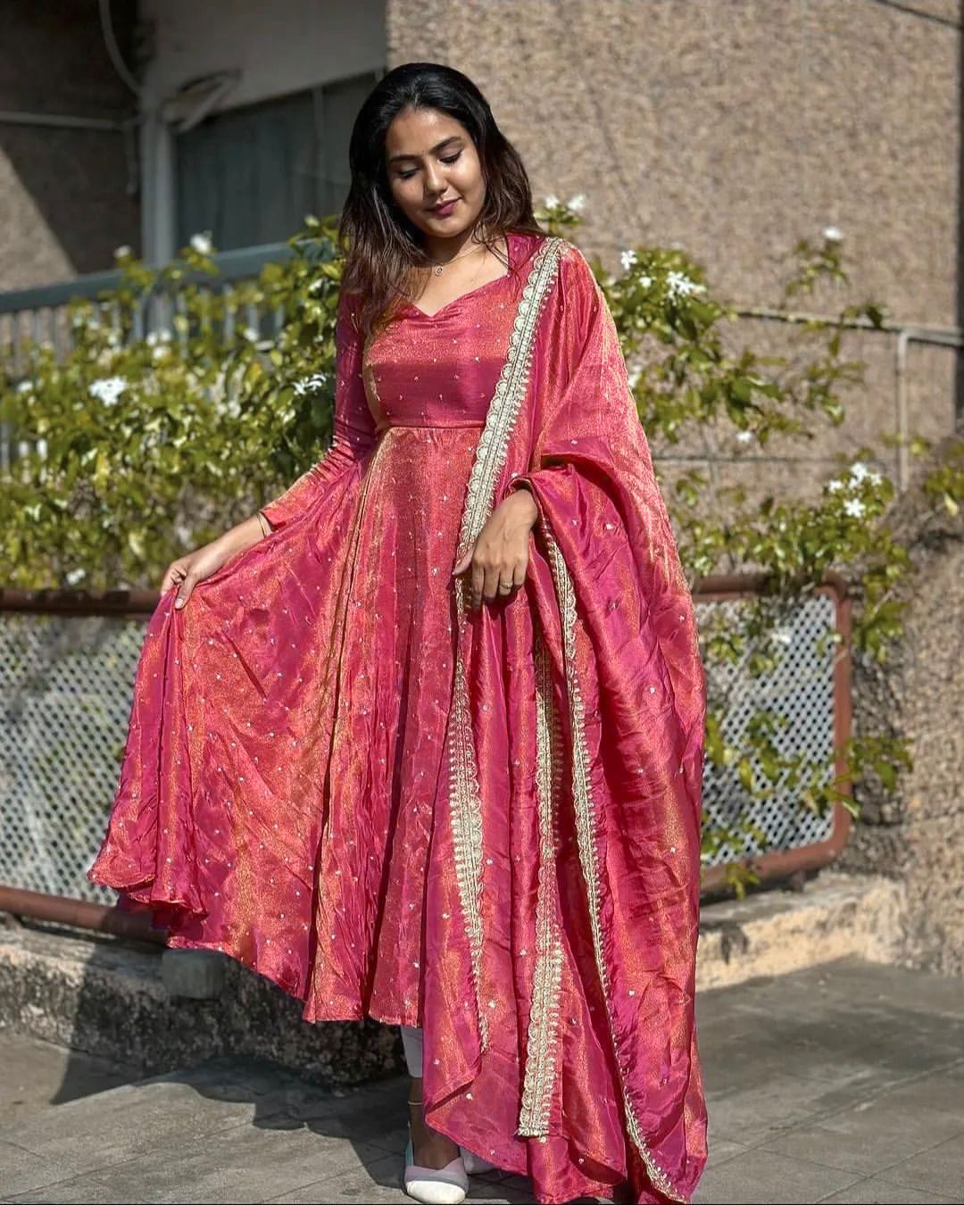 Attractive Pink Color Pure Fancy Twill Gold Net With Embroidery 5mm Sequence Work Anarkali Gown