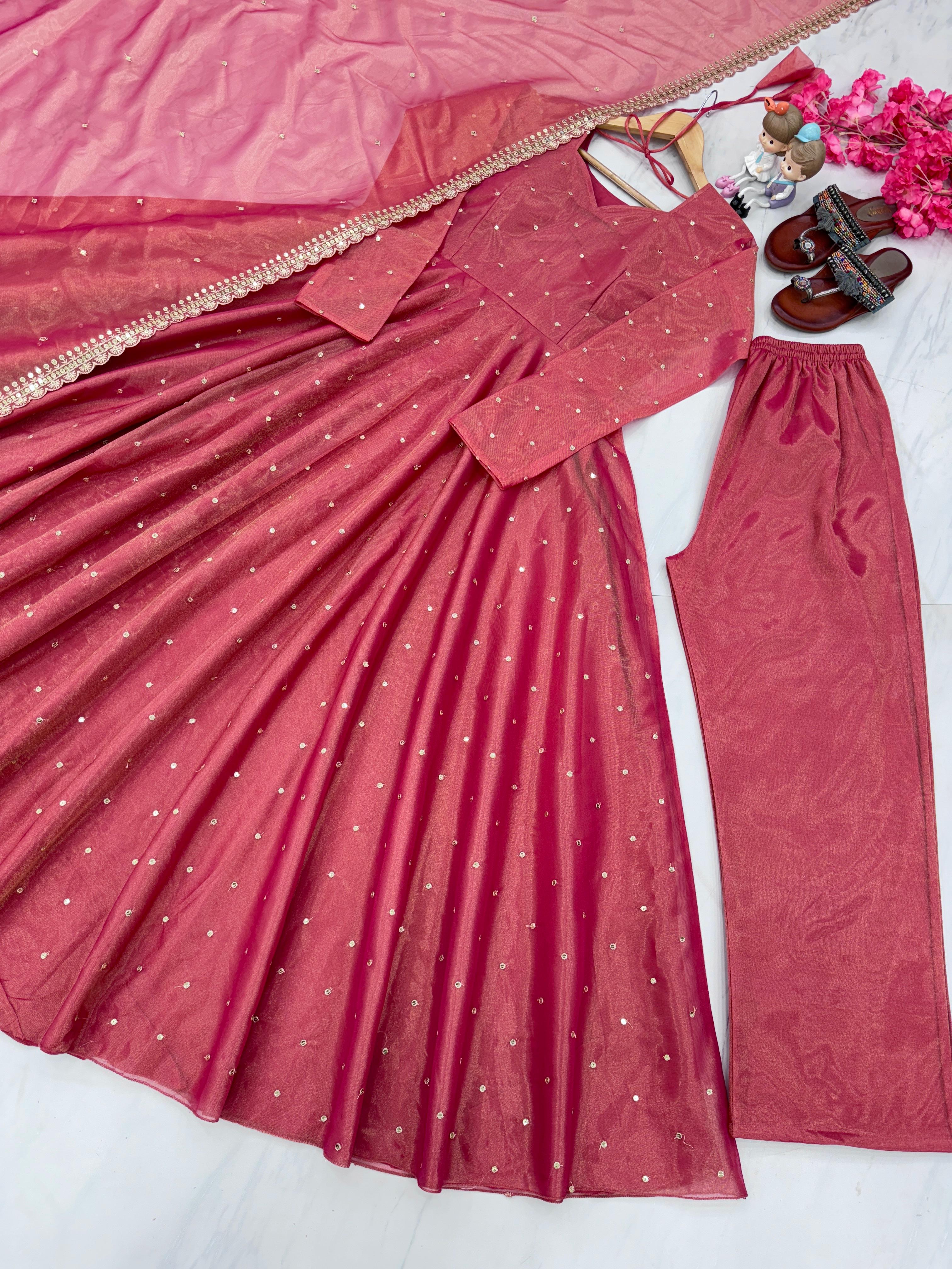 Attractive Pink Color Pure Fancy Twill Gold Net With Embroidery 5mm Sequence Work Anarkali Gown