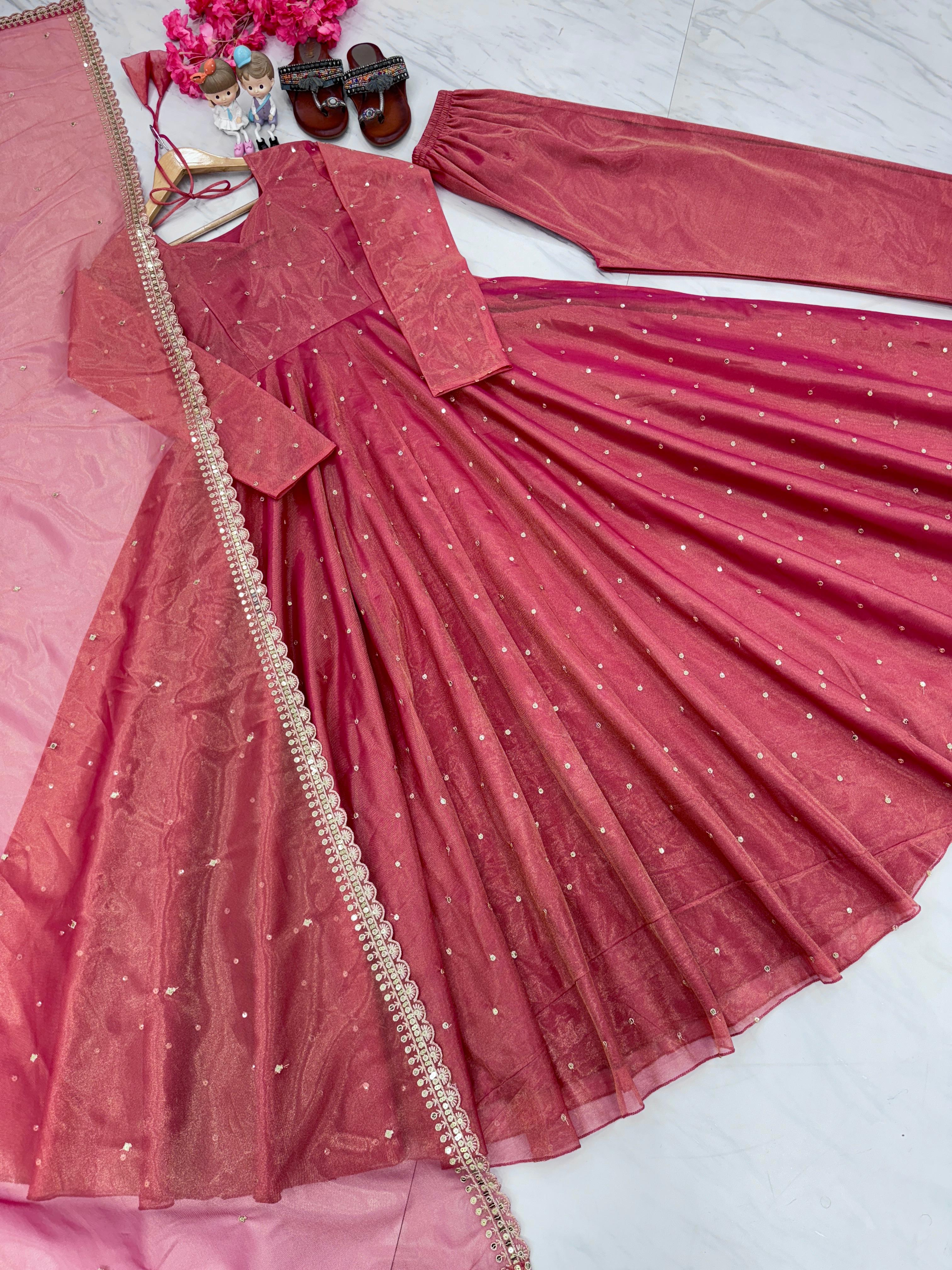 Attractive Pink Color Pure Fancy Twill Gold Net With Embroidery 5mm Sequence Work Anarkali Gown