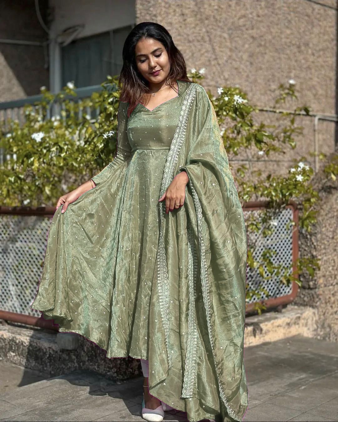 Stylish Light Green Color Pure Fancy Twill Gold Net With Embroidery 5mm Sequence Work Anarkali Gown