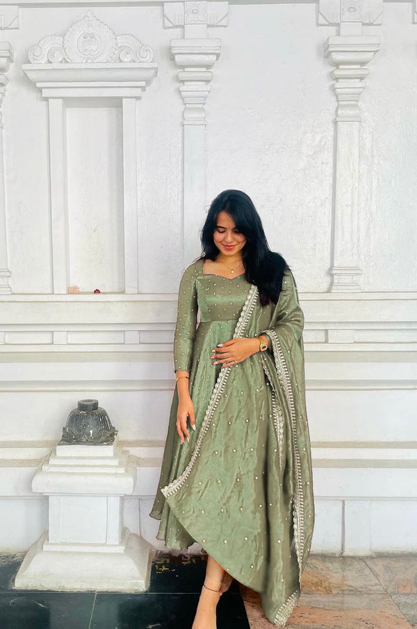 Stylish Light Green Color Pure Fancy Twill Gold Net With Embroidery 5mm Sequence Work Anarkali Gown