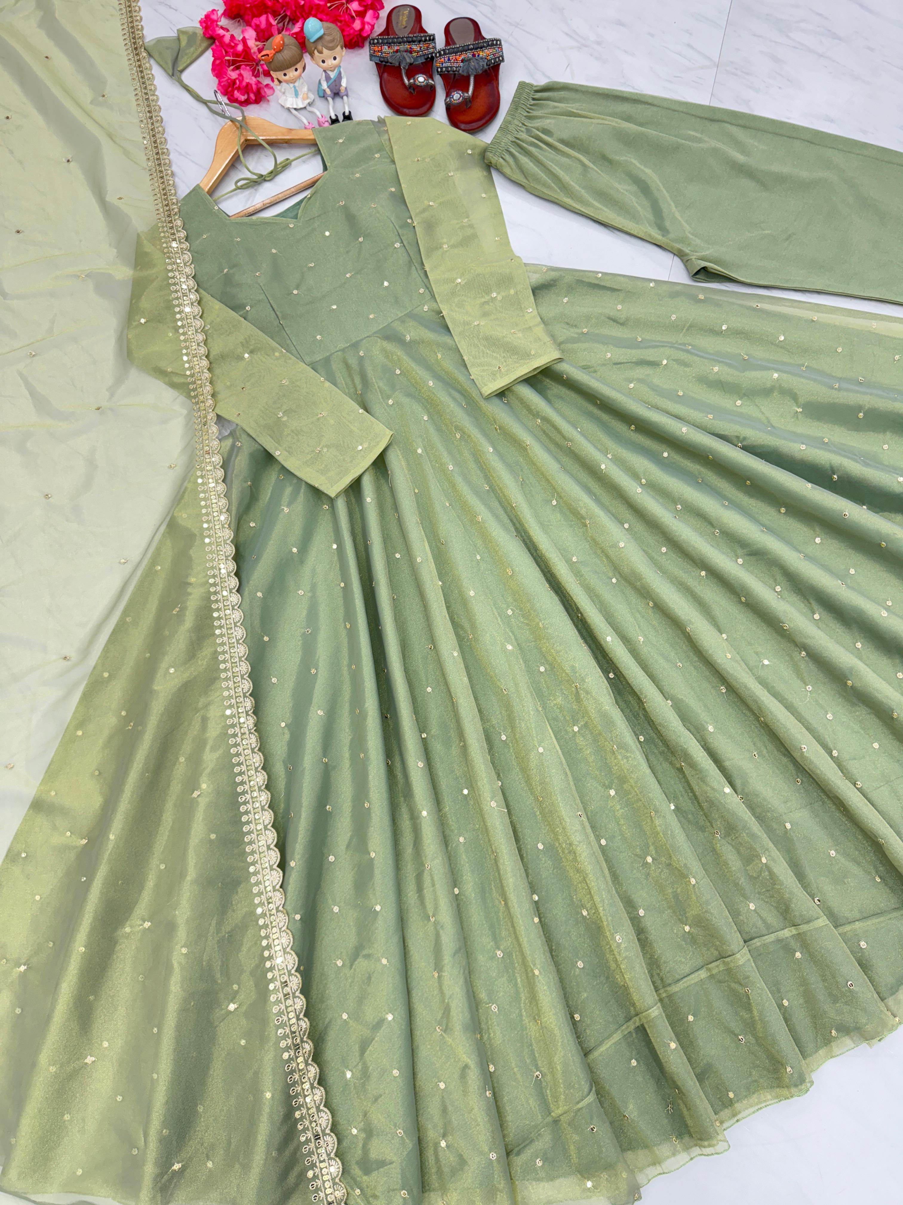 Stylish Light Green Color Pure Fancy Twill Gold Net With Embroidery 5mm Sequence Work Anarkali Gown