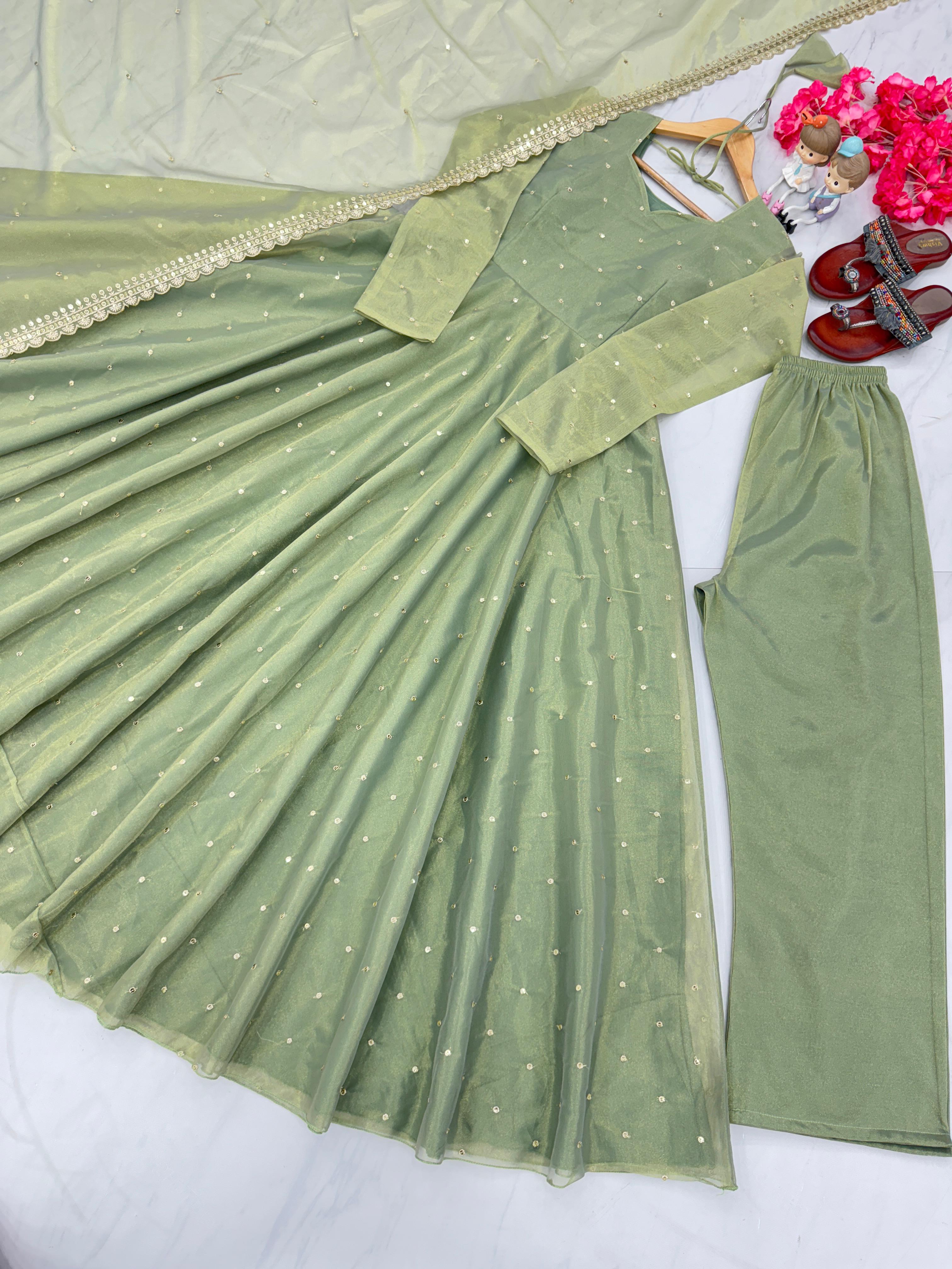 Stylish Light Green Color Pure Fancy Twill Gold Net With Embroidery 5mm Sequence Work Anarkali Gown