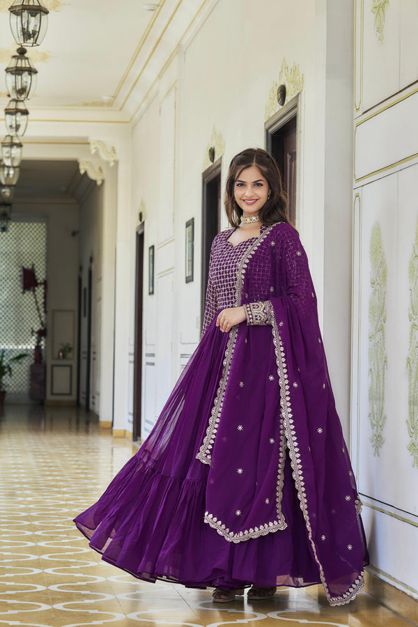 Captivating Purple Color Faux Georgette With Sequence Embroidery Work Designer Gown