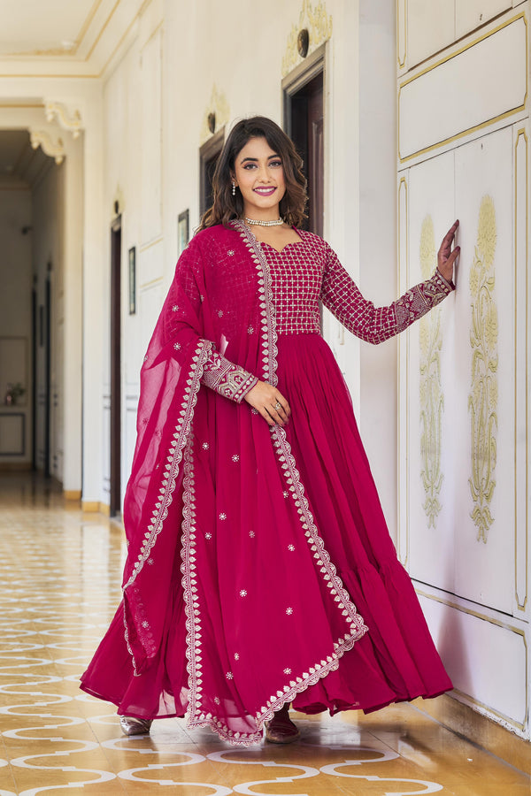 Luxuriant Pink Color Faux Georgette With Sequence Embroidery Work Designer Gown