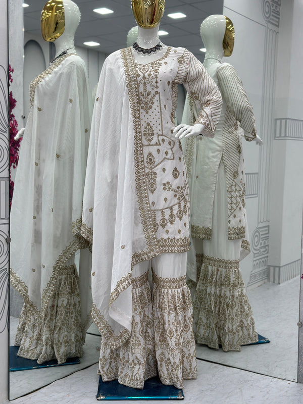 Lovely White Color Heavy Chinon With Embroidery Cording Work Designer Sharara Suit