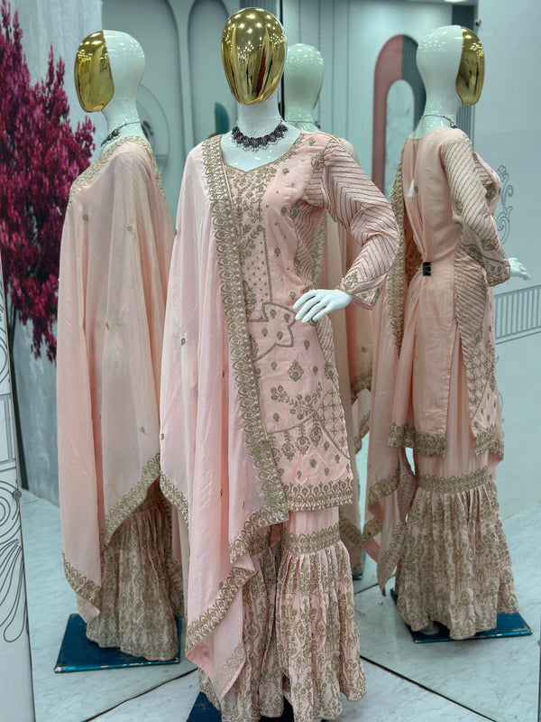 Stunning Peach Color Heavy Chinon With Embroidery Cording Work Designer Sharara Suit