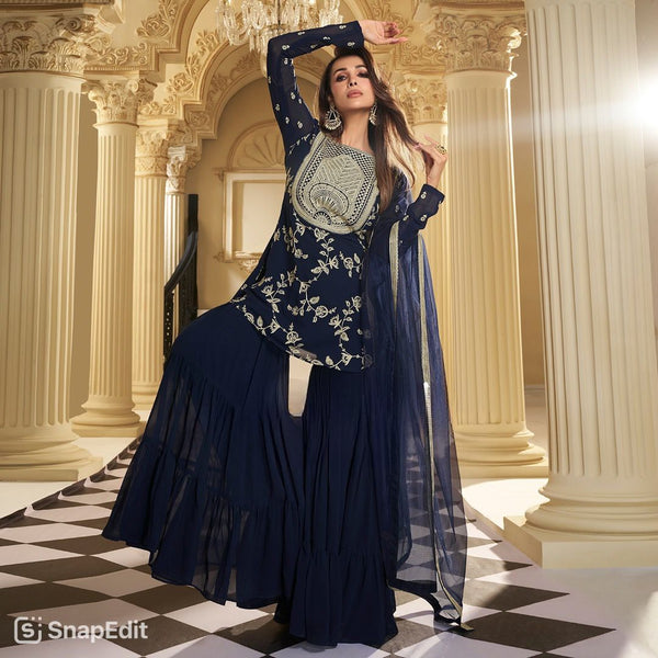 Party Wear Navy Blue Color Heavy Faux Georgette With 5mm Sequence Embroidery Work Sharara Suit