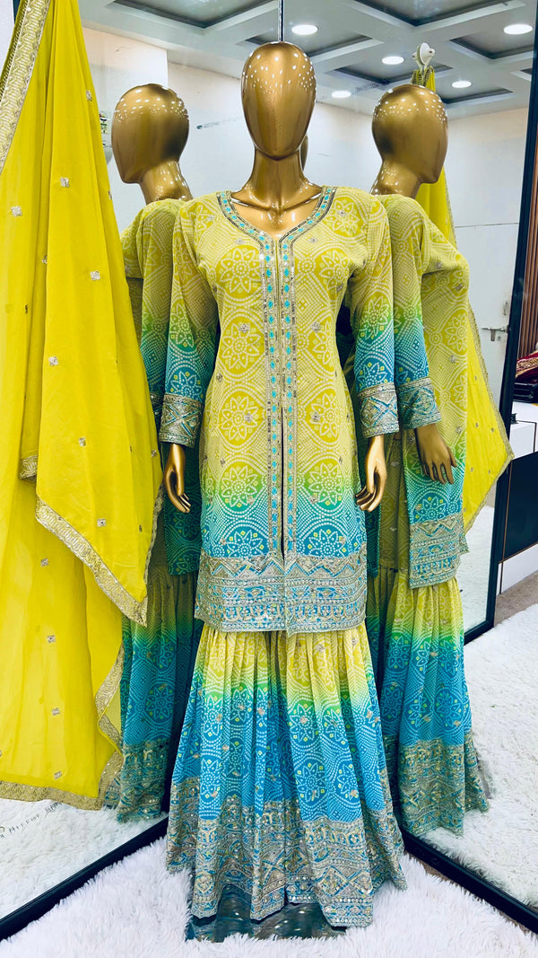 Occasion Wear Yellow And Sky Color  Heavy Faux Georgette With Heavy Embroidery Sequence Work Designer Sharara Suit