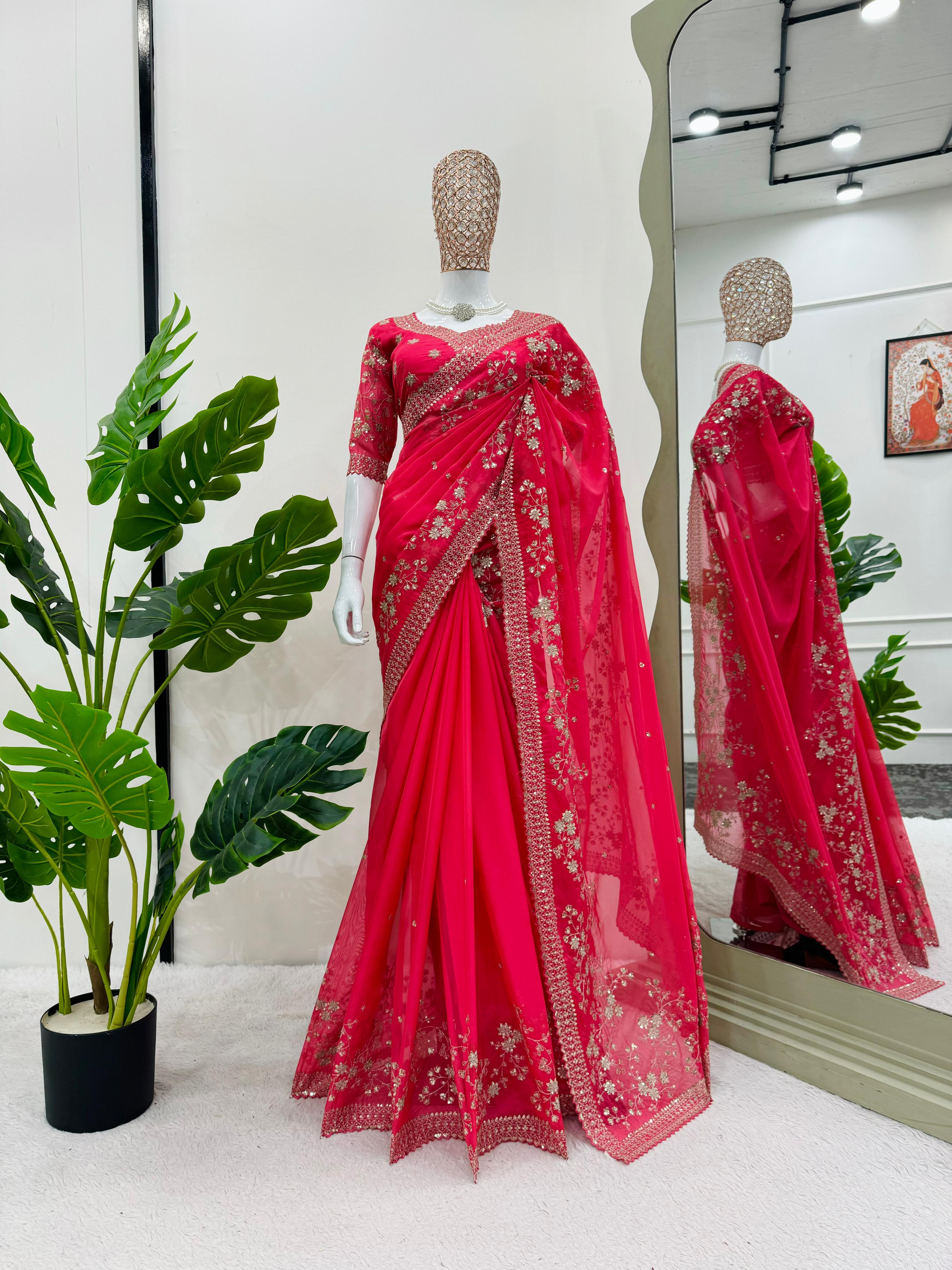 Latest Designer Pink Color Thread With Sequence Work Wedding Saree