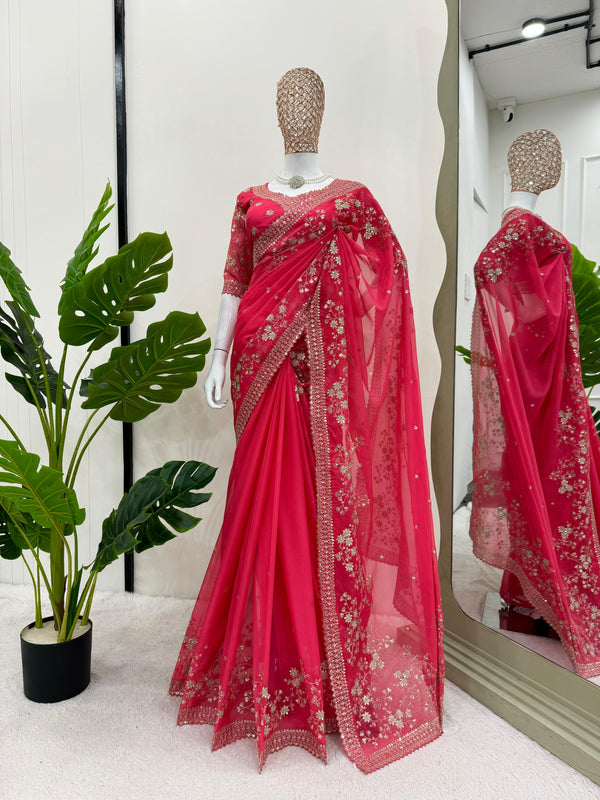 Latest Designer Pink Color Thread With Sequence Work Wedding Saree