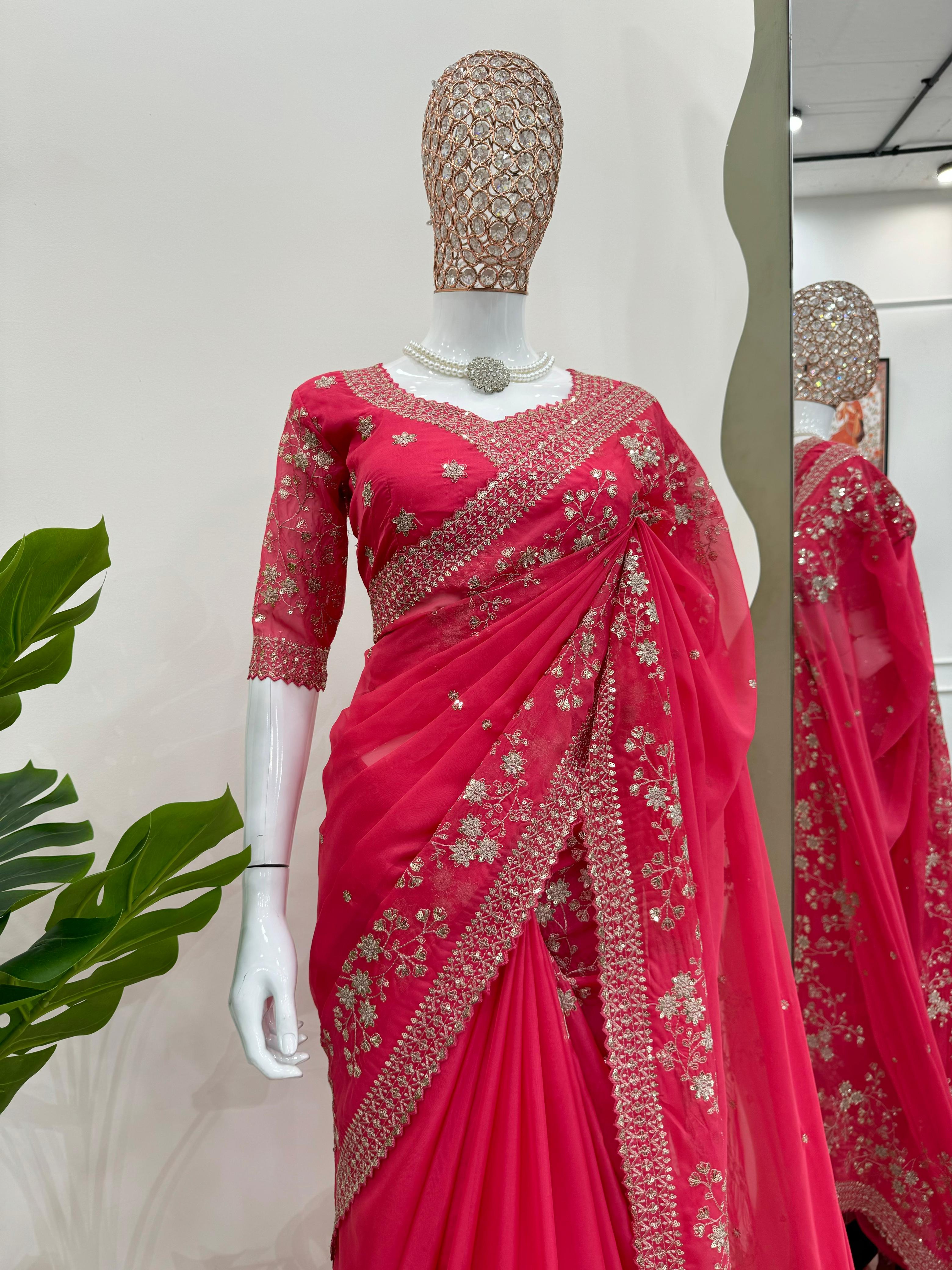 Latest Designer Pink Color Thread With Sequence Work Wedding Saree