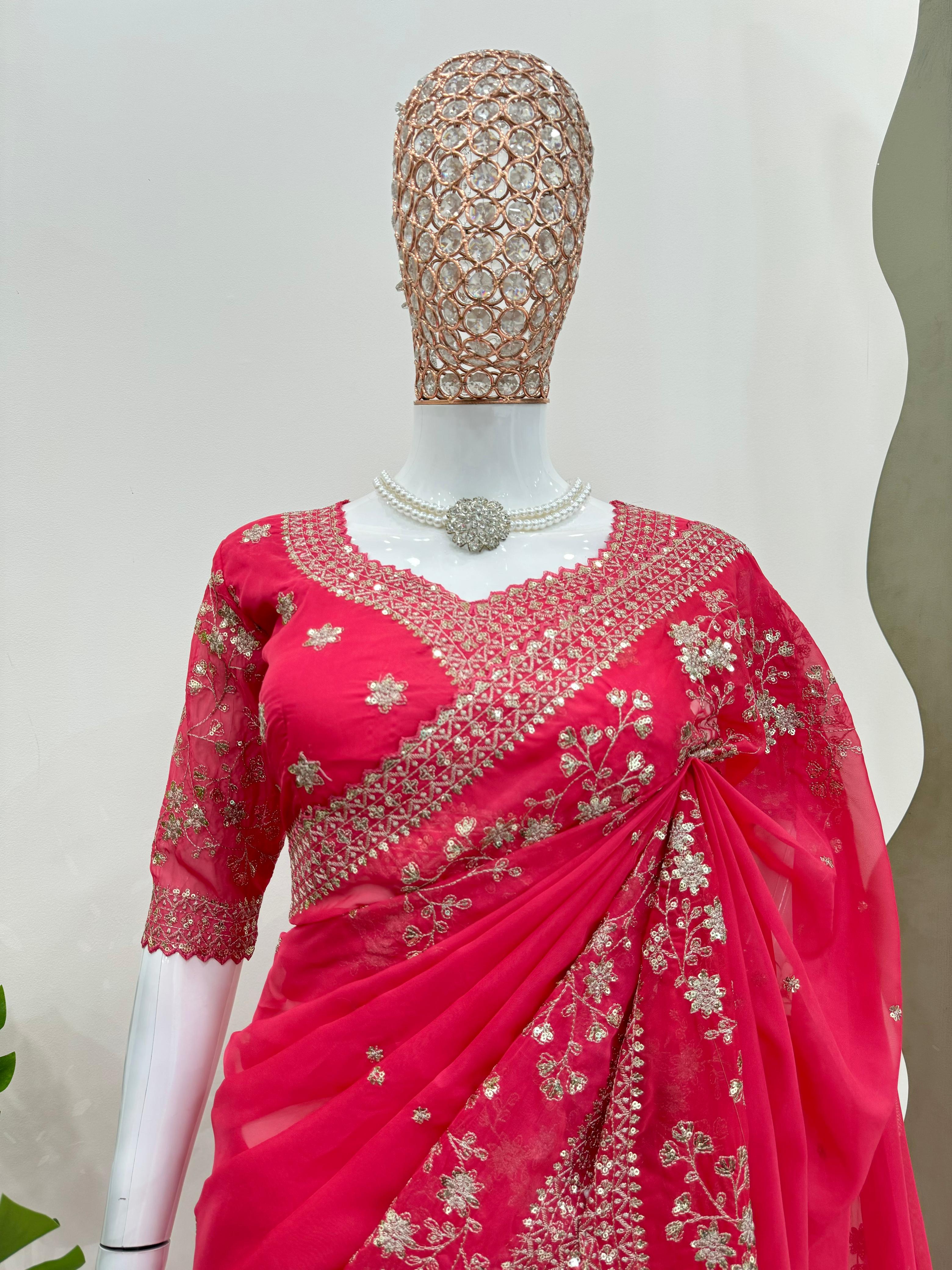 Latest Designer Pink Color Thread With Sequence Work Wedding Saree