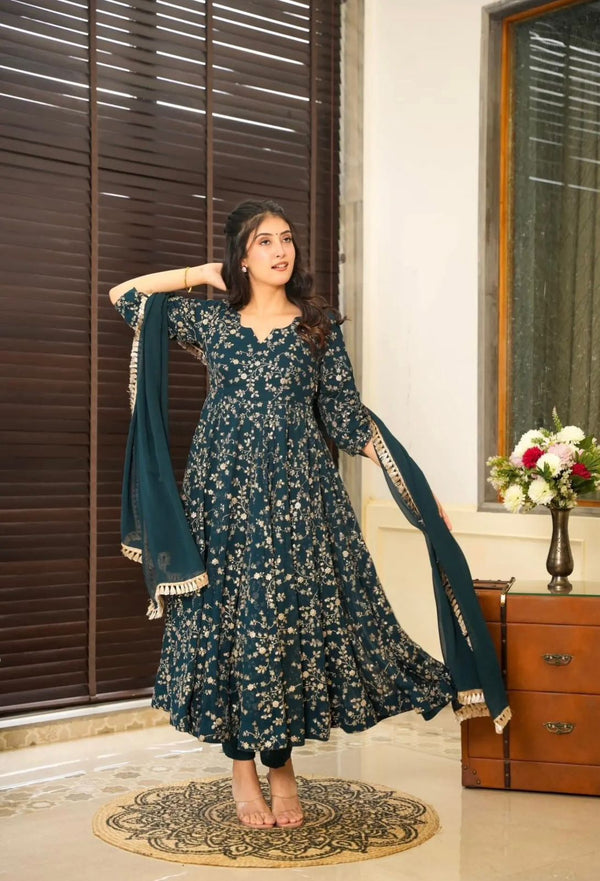 Graceful Teal Color Heavy Faux Georgette With Embroidery Work Anarkali Gown