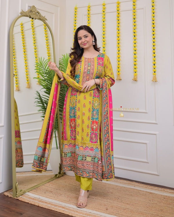 Yellow Color Heavy Pure Chinon Silk With Digital Print With Real Mirror Handwork And Diamond Handwork Salwar Suit