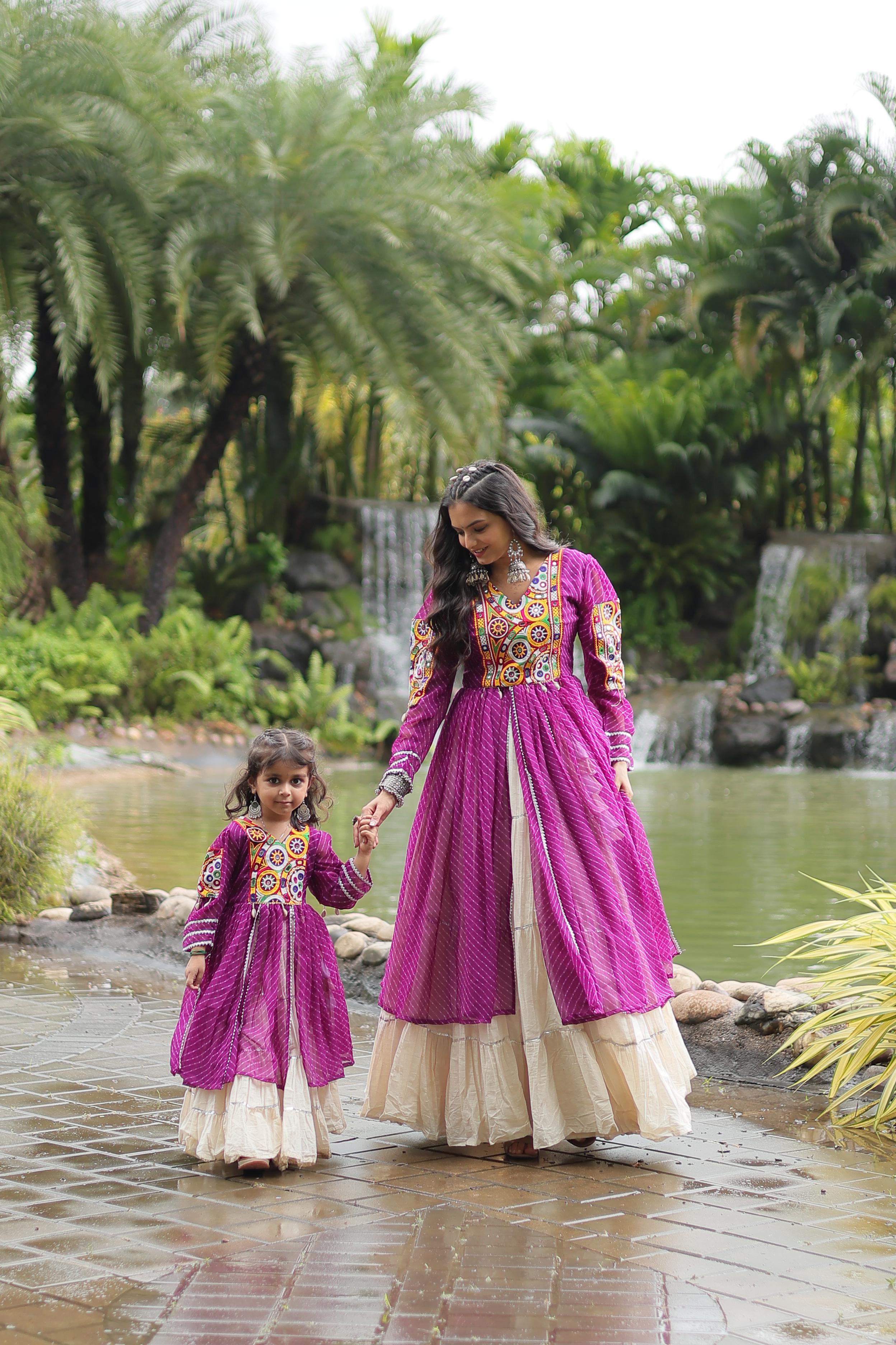 Traditional Wear Purple Color Kora Cotton With Standard Frill Stitching Kurti With Lehenga Mother And Daughter Dress