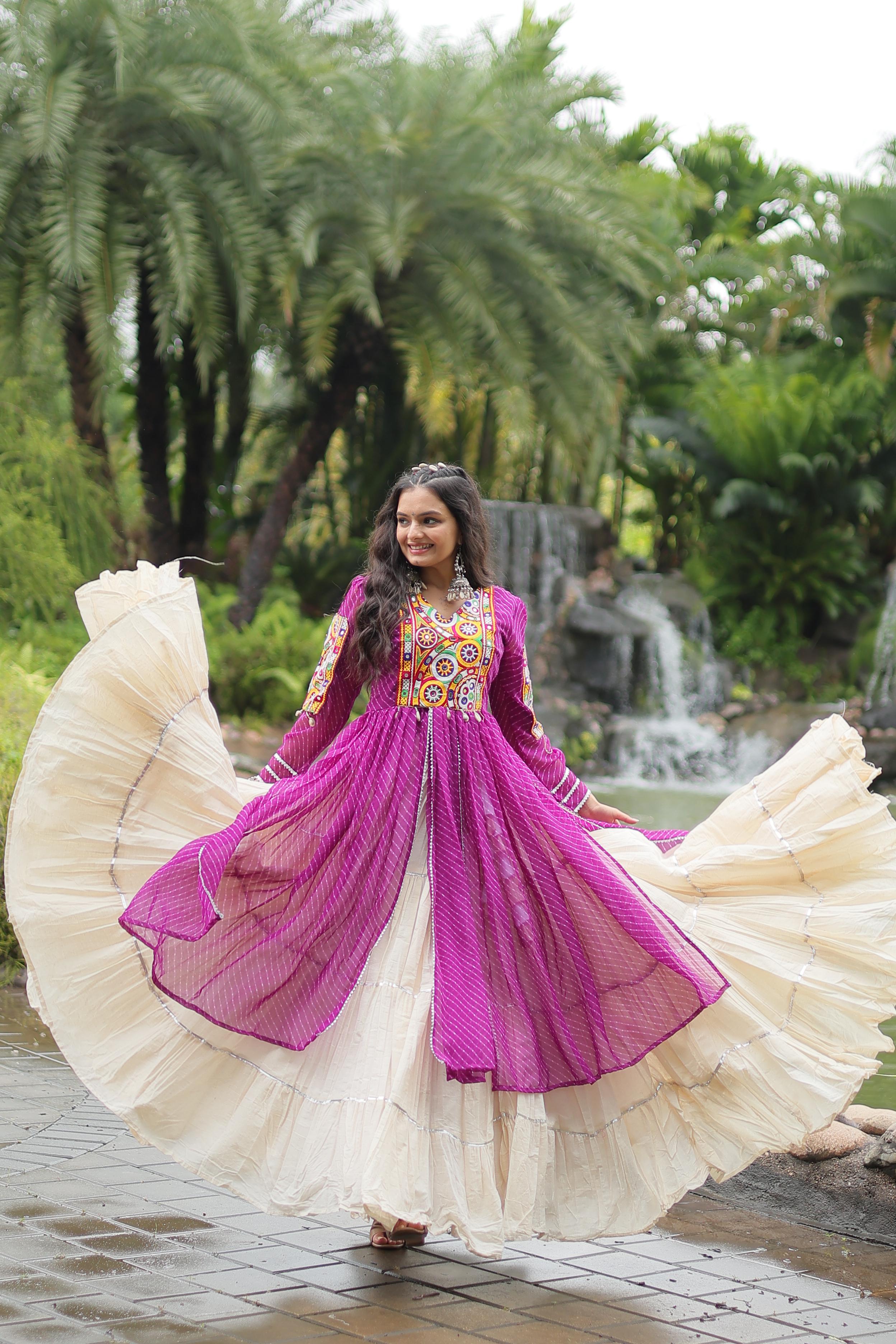 Traditional Wear Purple Color Kora Cotton With Standard Frill Stitching Kurti With Lehenga Mother And Daughter Dress