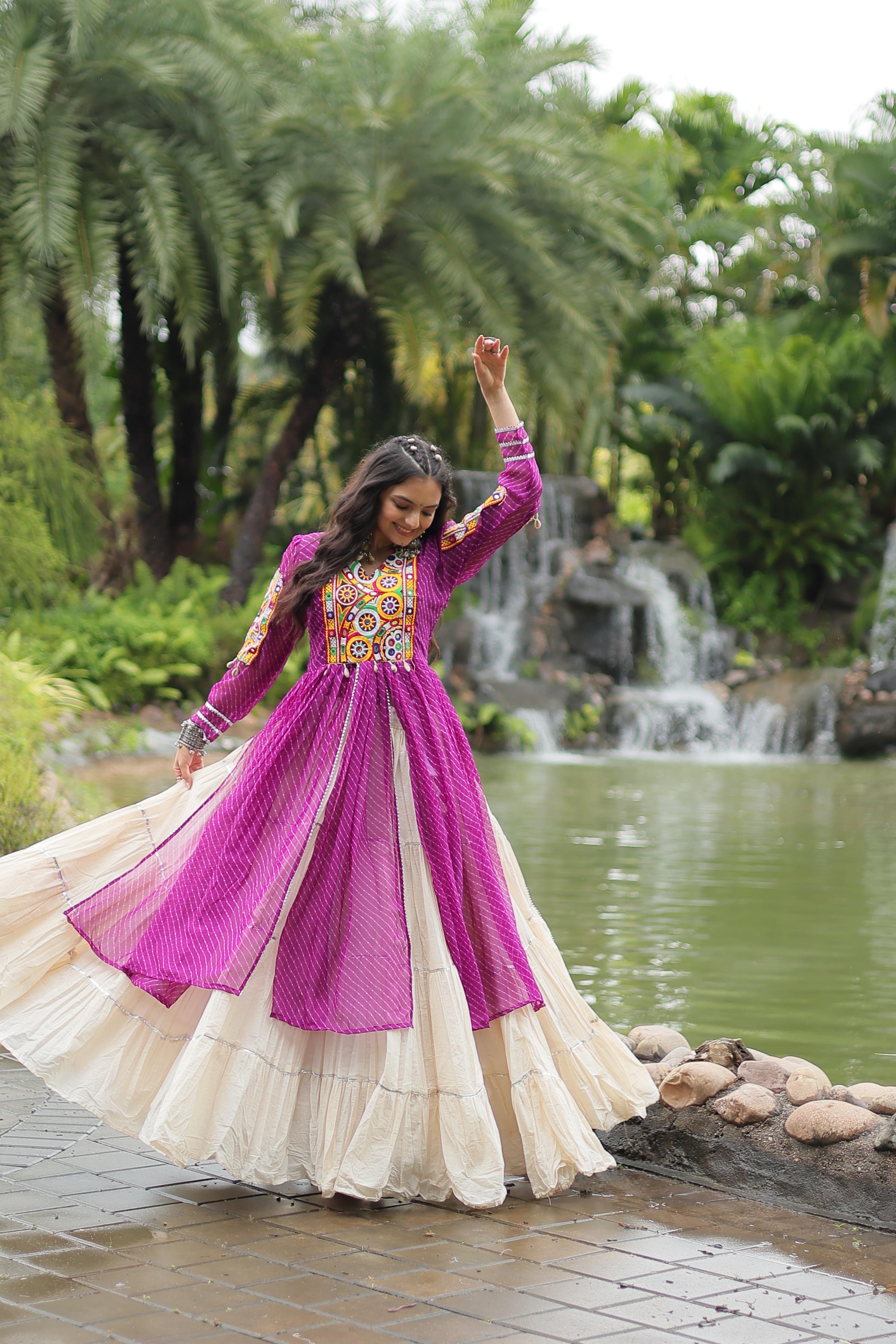 Traditional Wear Purple Color Kora Cotton With Standard Frill Stitching Kurti With Lehenga Mother And Daughter Dress