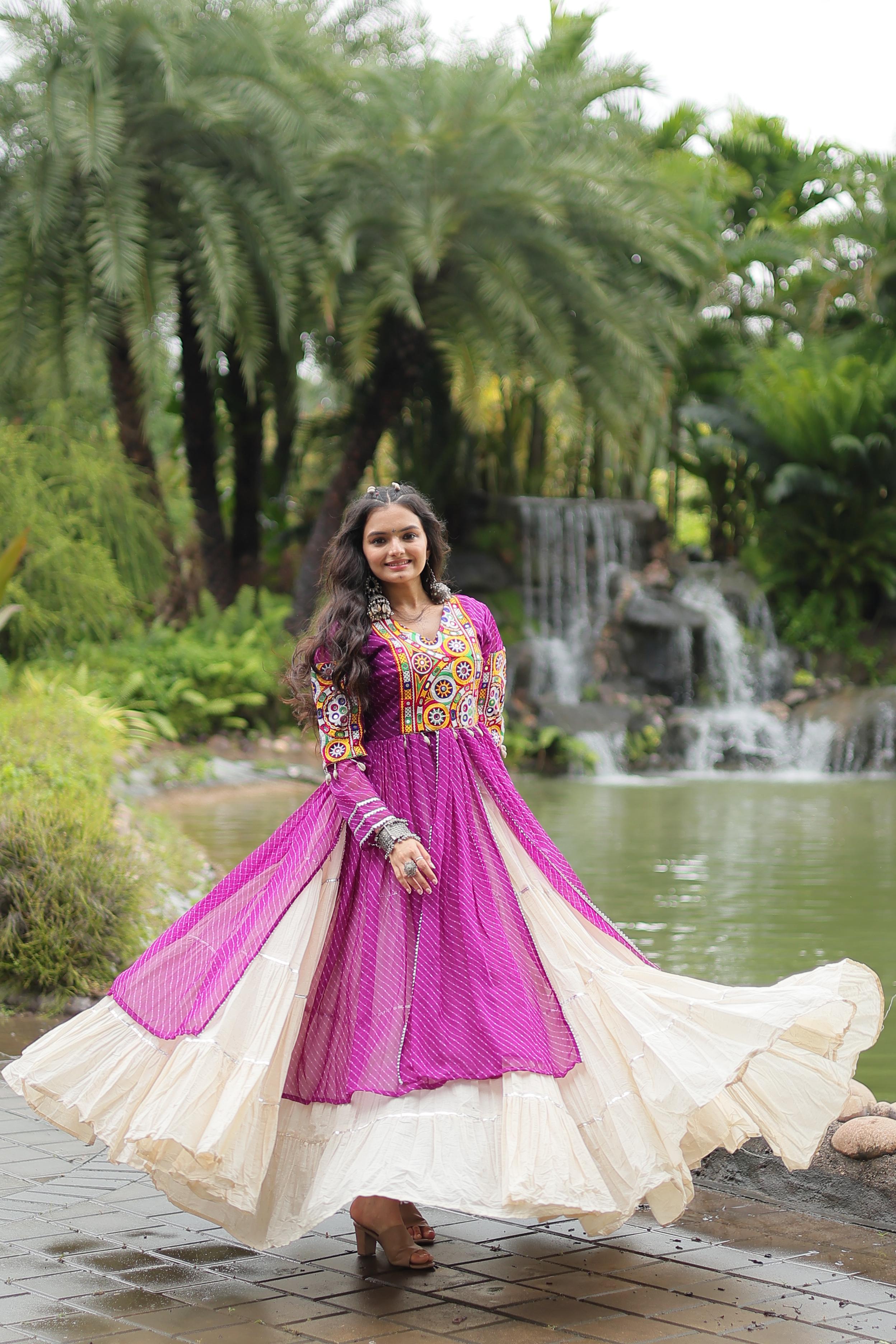 Traditional Wear Purple Color Kora Cotton With Standard Frill Stitching Kurti With Lehenga Mother And Daughter Dress