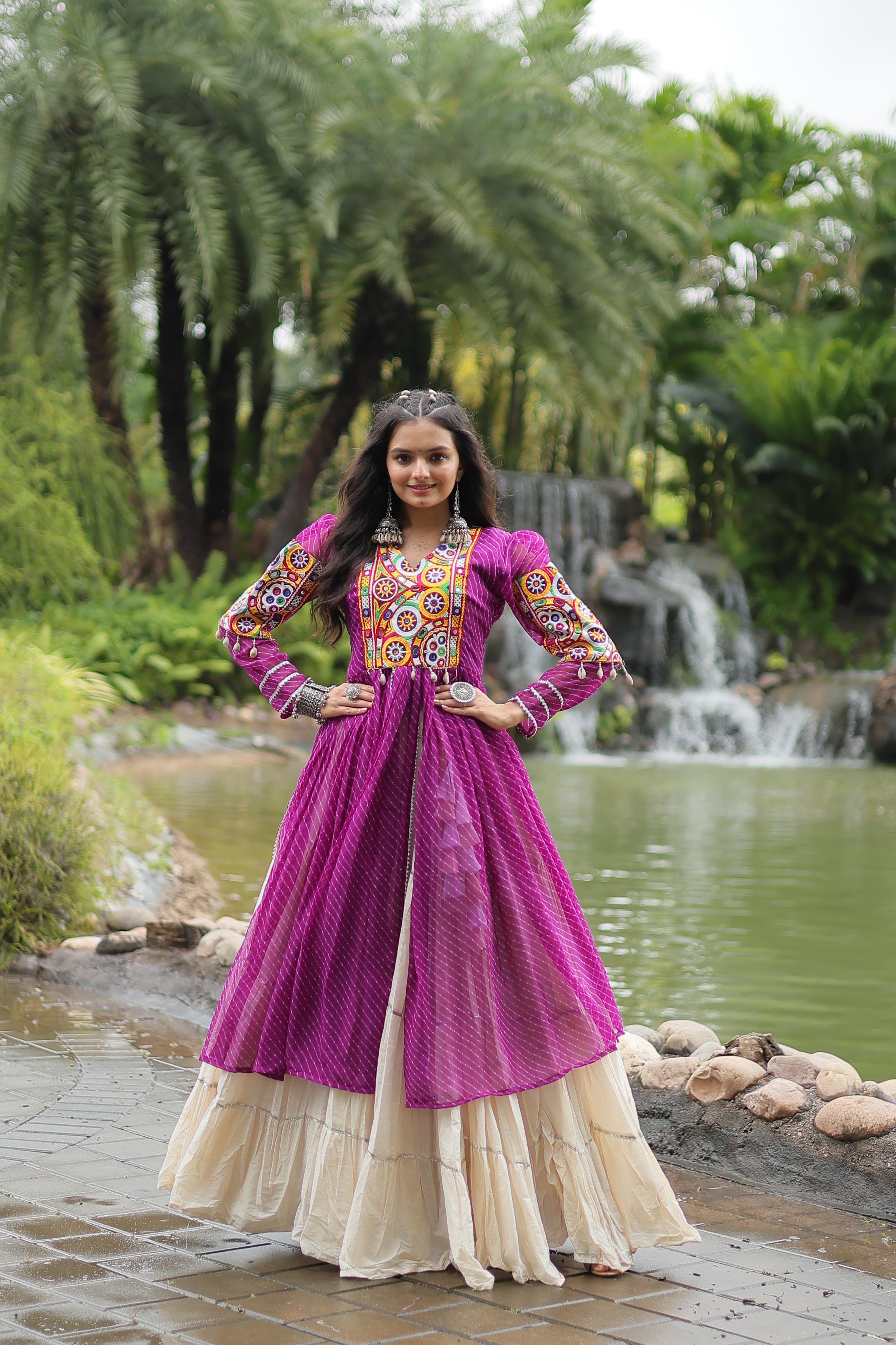 Special Navratri Wear Purple Color Kora Cotton With Standard Frill Stitching Kurti With Lehenga