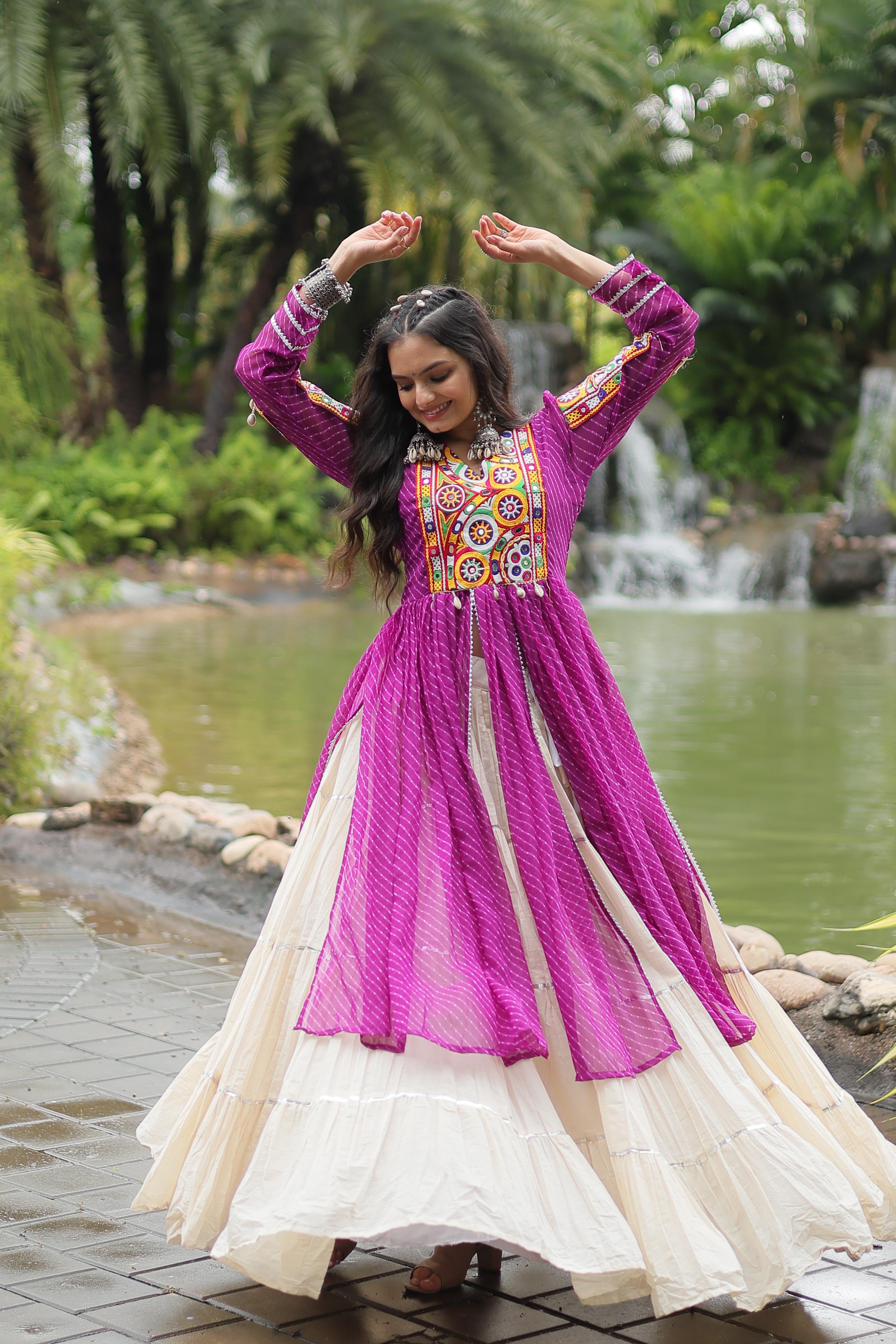 Traditional Wear Purple Color Kora Cotton With Standard Frill Stitching Kurti With Lehenga Mother And Daughter Dress