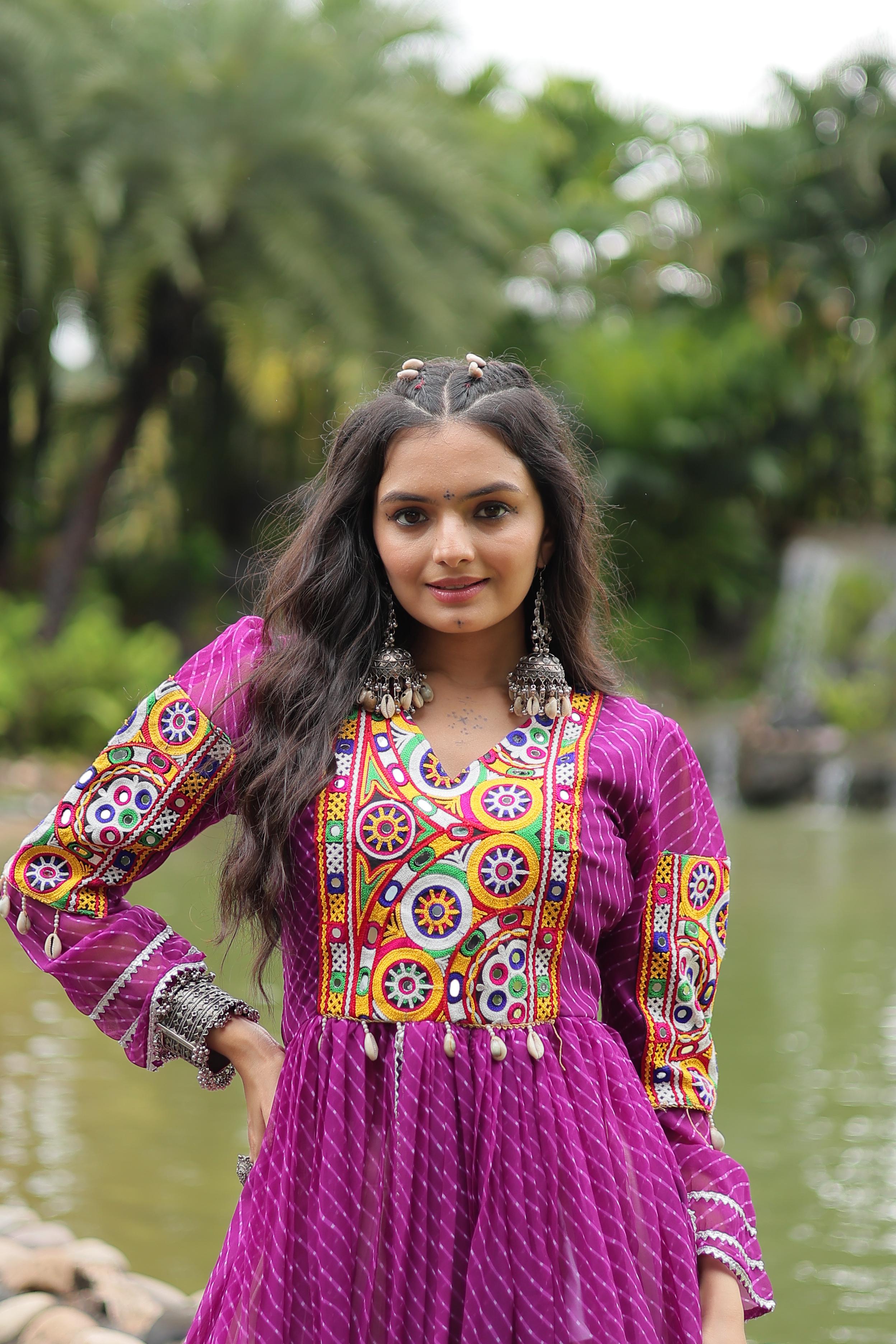 Traditional Wear Purple Color Kora Cotton With Standard Frill Stitching Kurti With Lehenga Mother And Daughter Dress