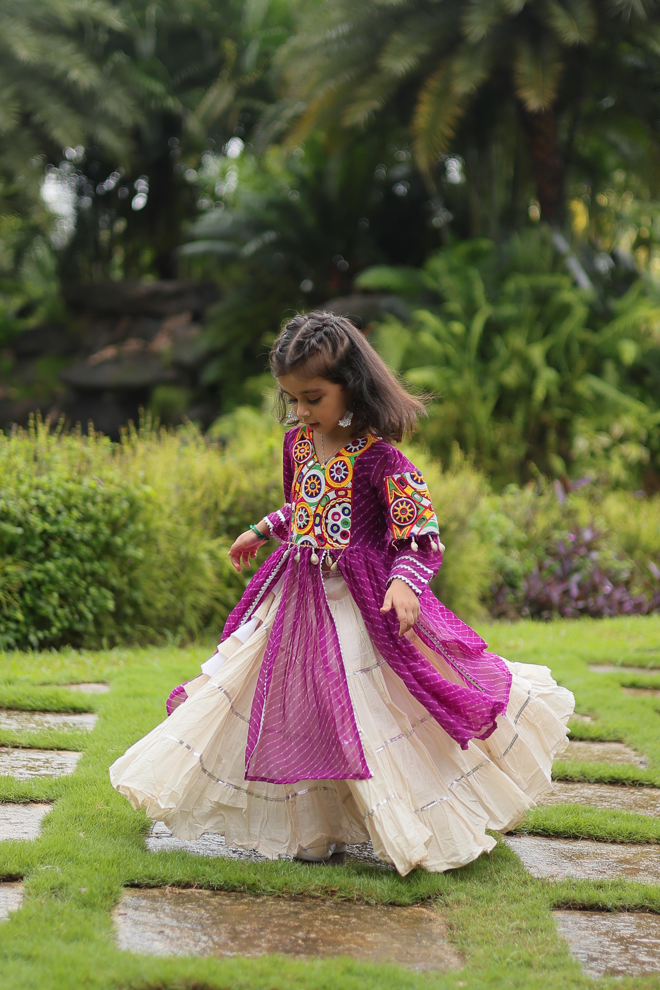 Traditional Wear Purple Color Kora Cotton With Standard Frill Stitching Kurti With Lehenga Mother And Daughter Dress