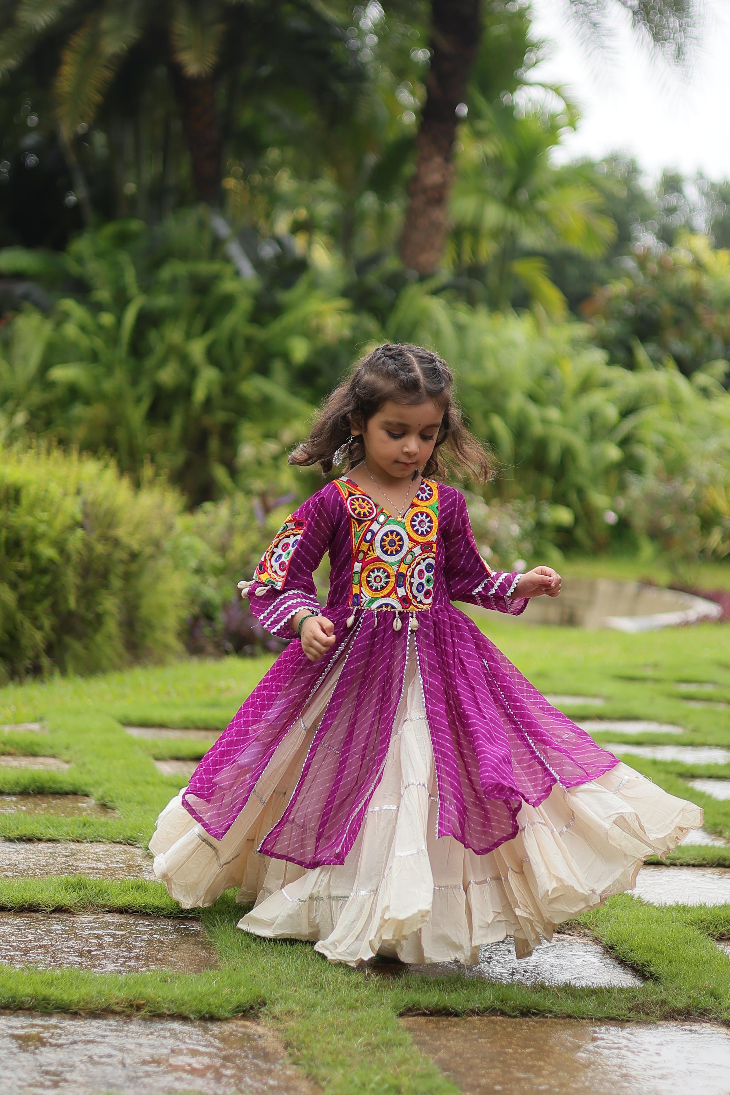 Traditional Wear Purple Color Kora Cotton With Standard Frill Stitching Kurti With Lehenga Mother And Daughter Dress