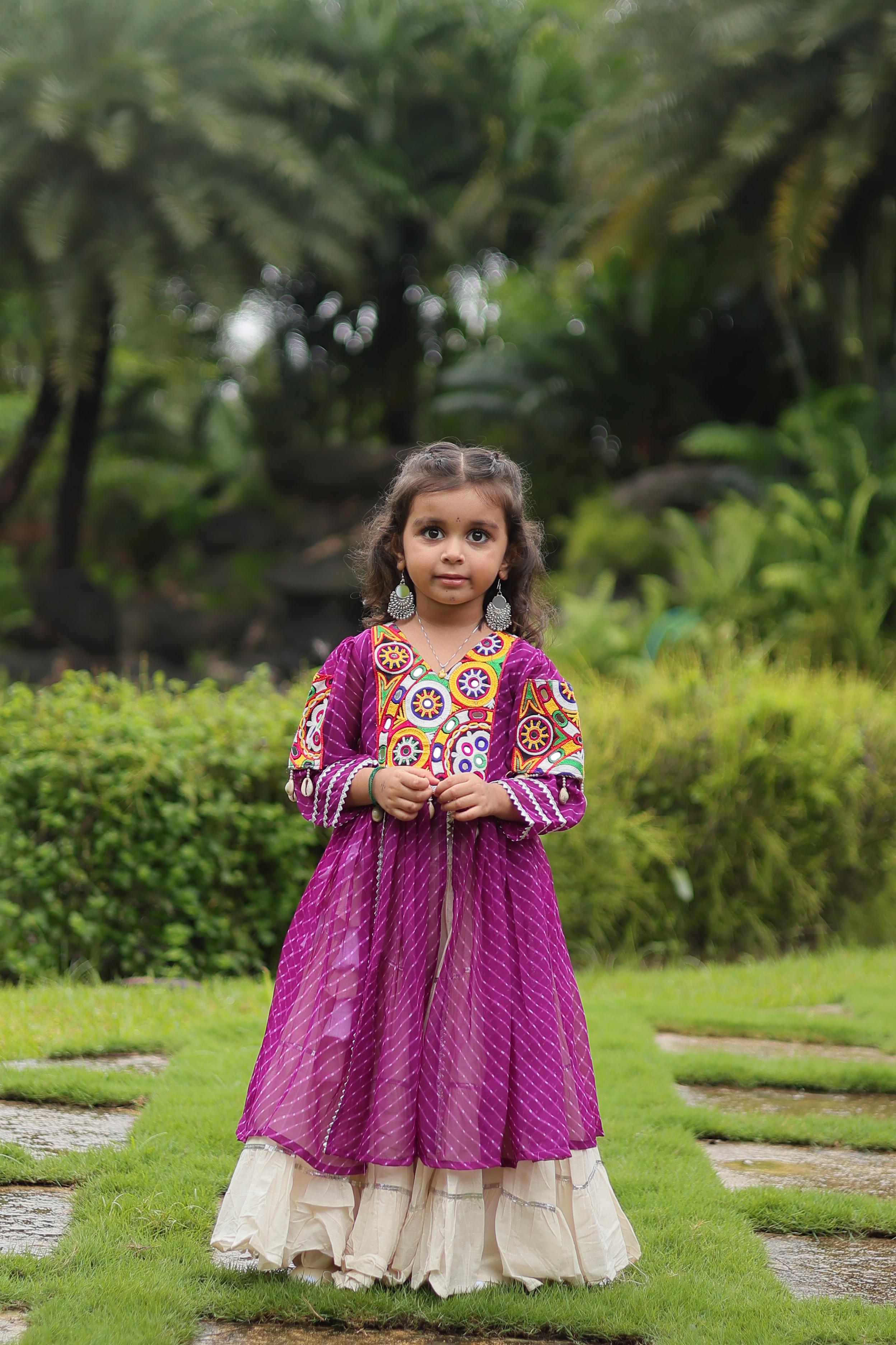 Traditional Wear Purple Color Kora Cotton With Standard Frill Stitching Kurti With Lehenga Mother And Daughter Dress