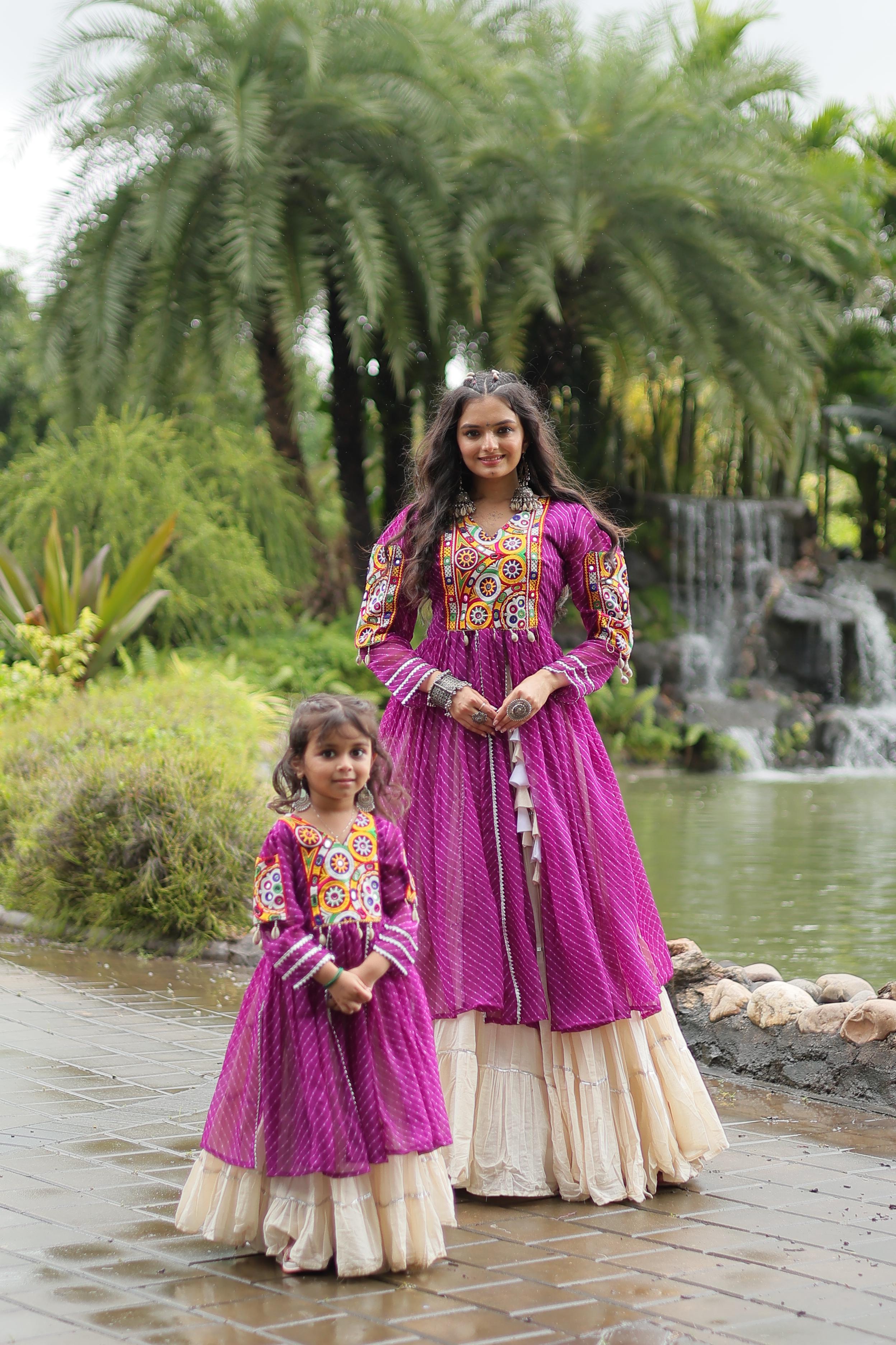 Traditional Wear Purple Color Kora Cotton With Standard Frill Stitching Kurti With Lehenga Mother And Daughter Dress