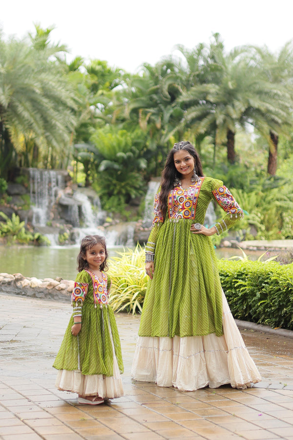 Traditional Wear Parrot Green Color Kora Cotton With Standard Frill Stitching Kurti With Lehenga Mother And Daughter Dress