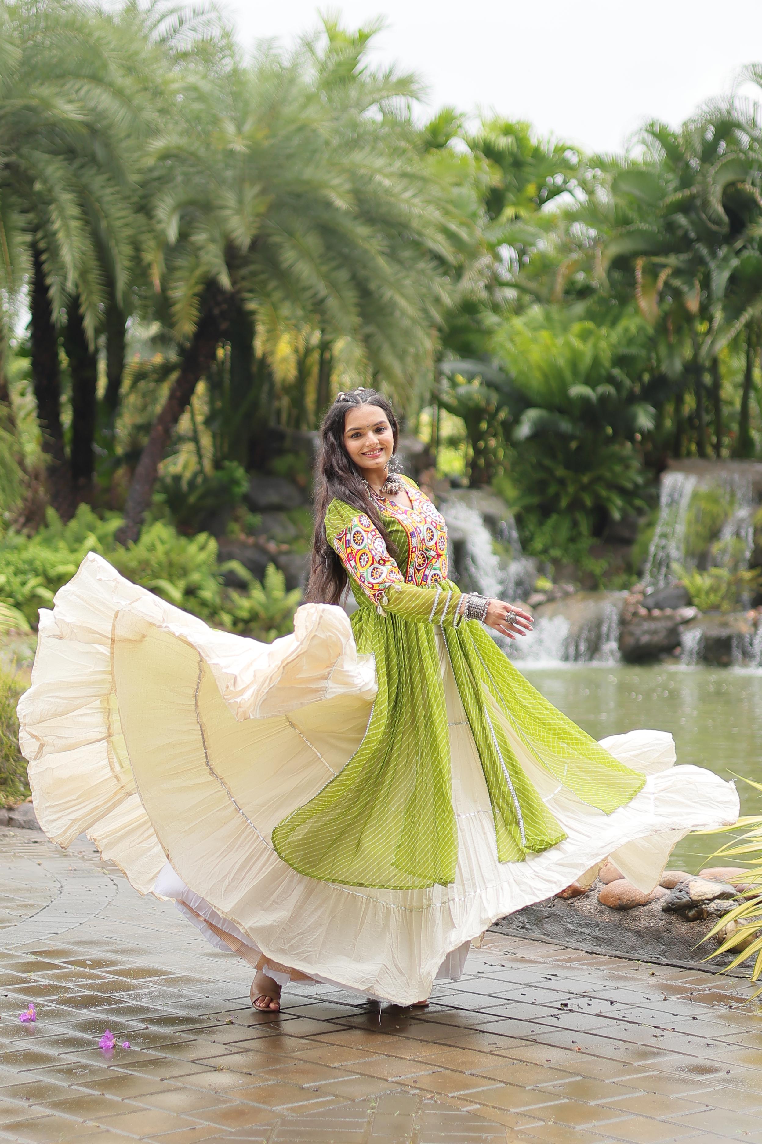 Traditional Wear Parrot Green Color Kora Cotton With Standard Frill Stitching Kurti With Lehenga Mother And Daughter Dress