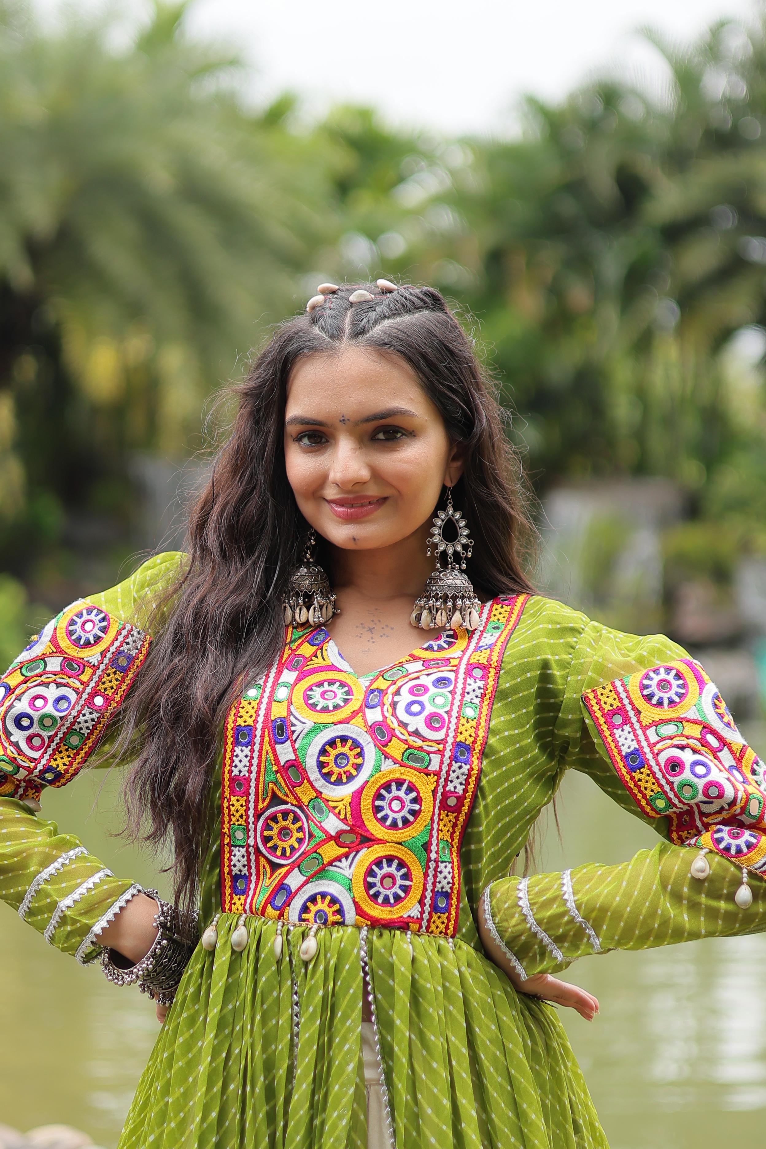 Traditional Wear Parrot Green Color Kora Cotton With Standard Frill Stitching Kurti With Lehenga Mother And Daughter Dress