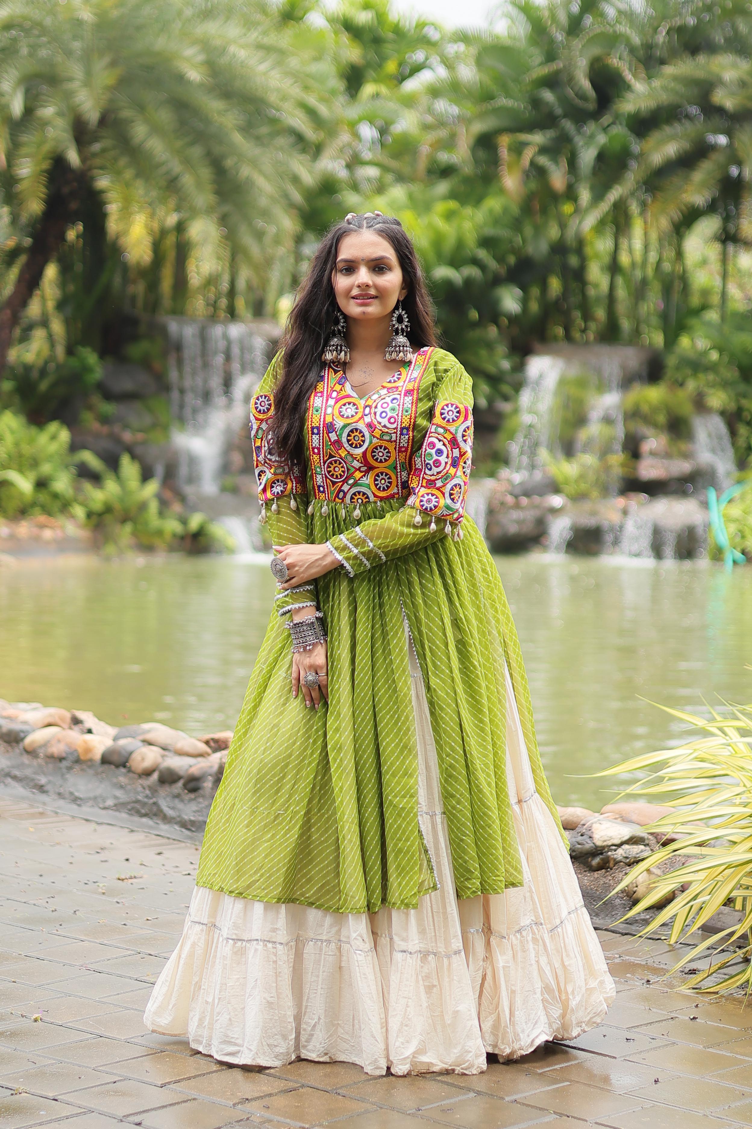 Traditional Wear Parrot Green Color Kora Cotton With Standard Frill Stitching Kurti With Lehenga Mother And Daughter Dress