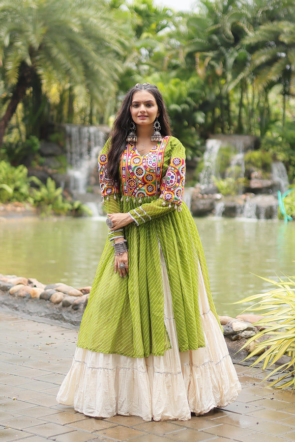 Special Navratri Wear Parrot Green Color Kora Cotton With Standard Frill Stitching Kurti With Lehenga