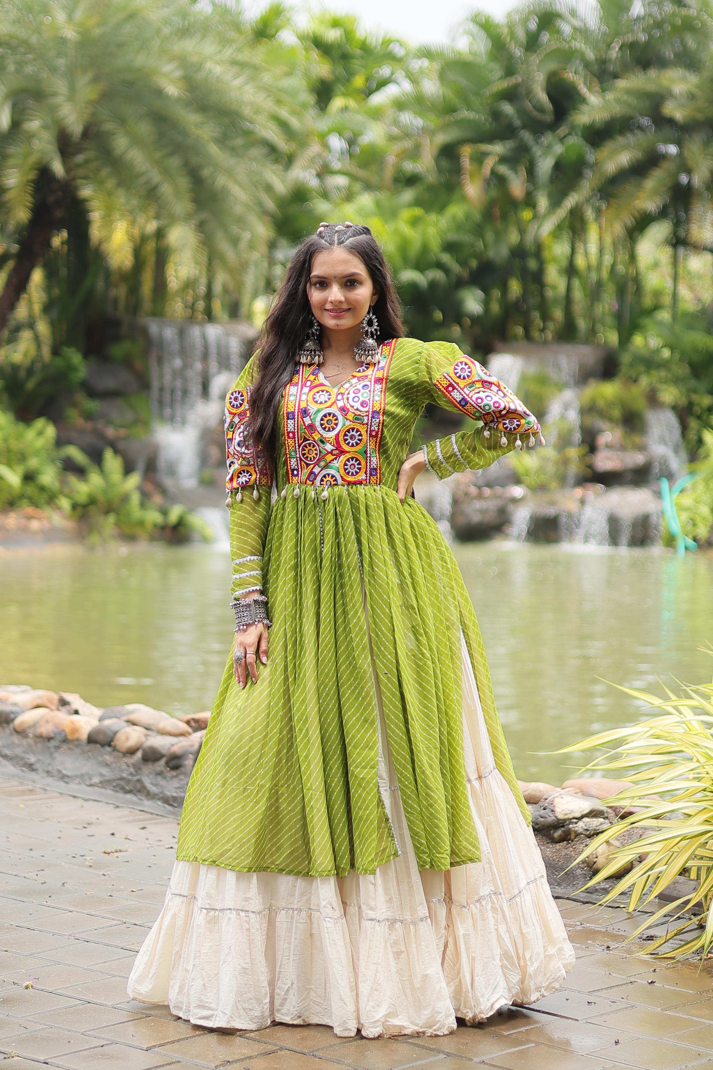 Traditional Wear Parrot Green Color Kora Cotton With Standard Frill Stitching Kurti With Lehenga Mother And Daughter Dress