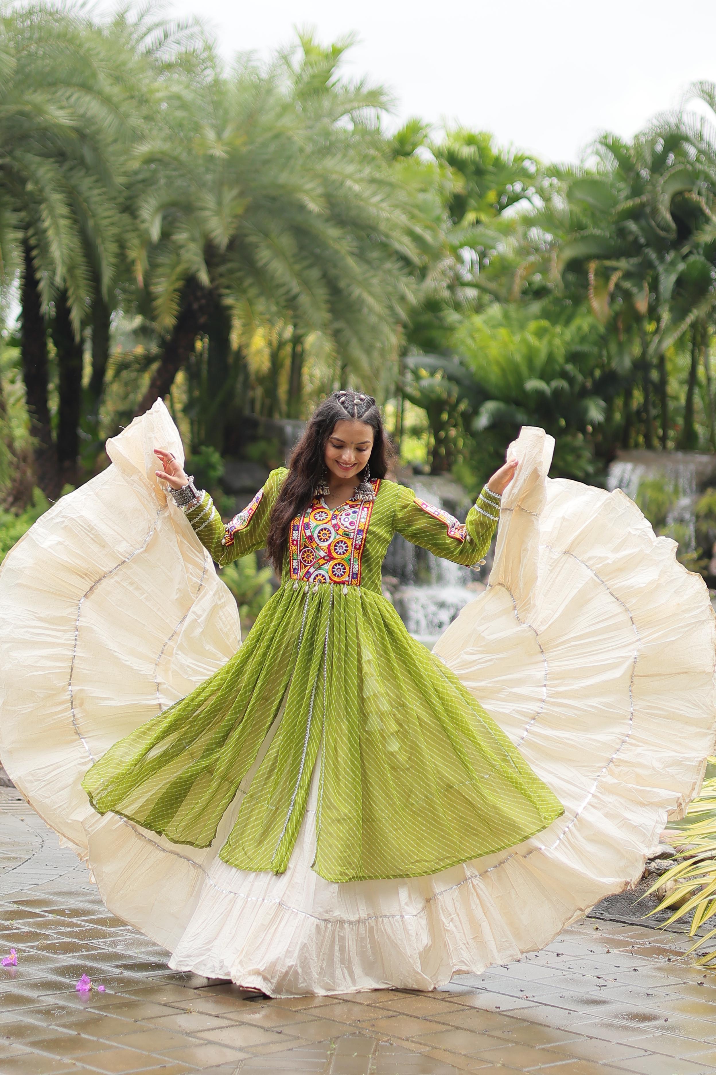 Traditional Wear Parrot Green Color Kora Cotton With Standard Frill Stitching Kurti With Lehenga Mother And Daughter Dress