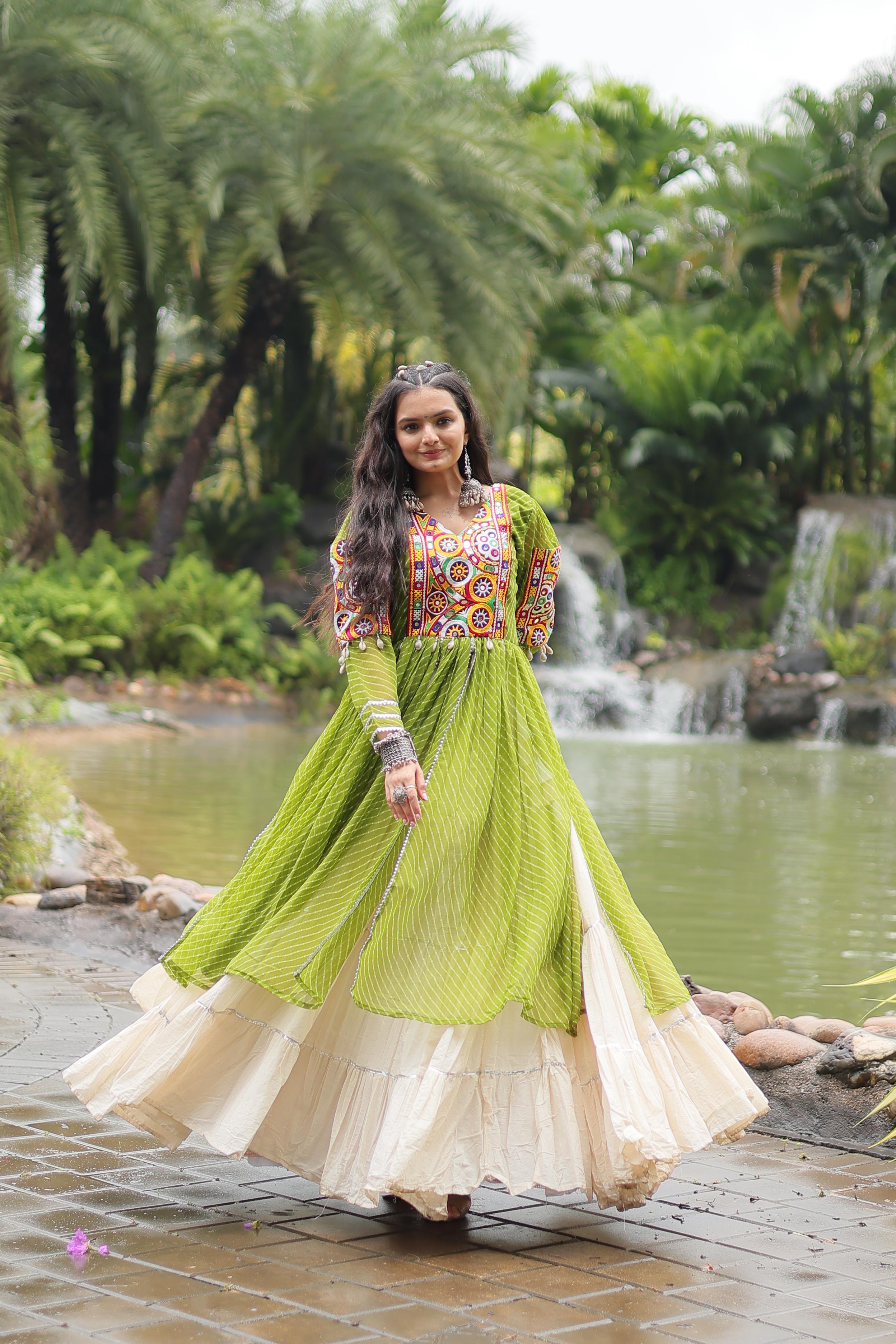 Traditional Wear Parrot Green Color Kora Cotton With Standard Frill Stitching Kurti With Lehenga Mother And Daughter Dress