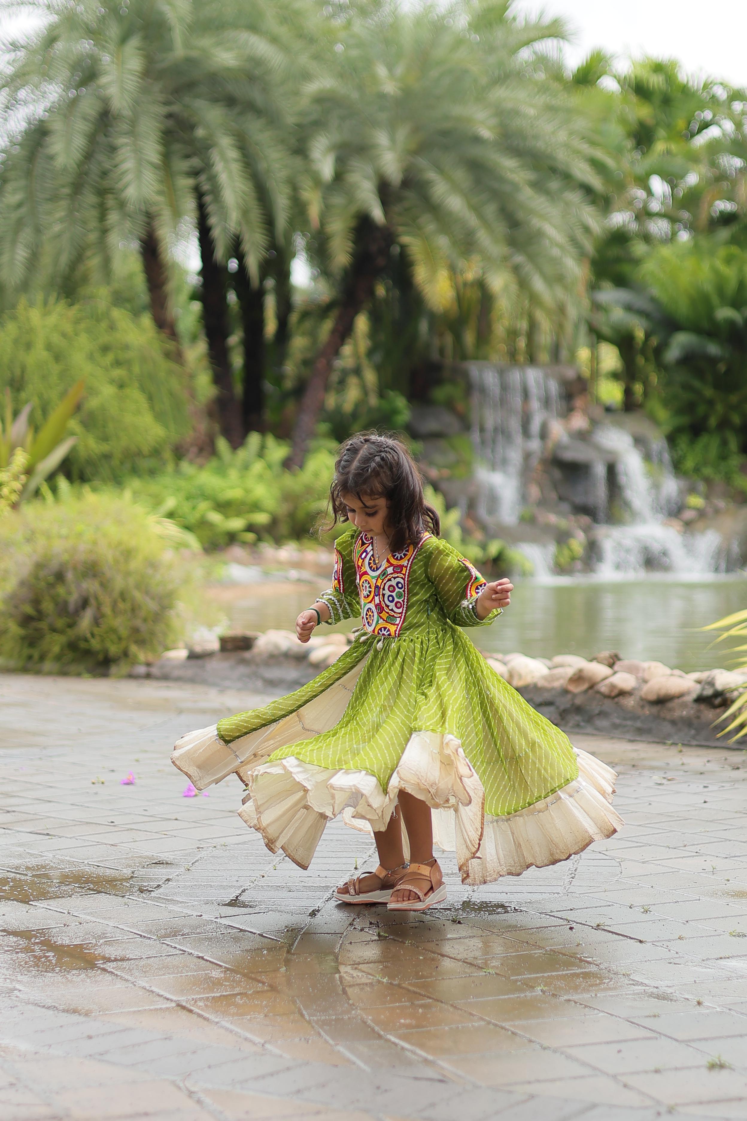 Traditional Wear Parrot Green Color Kora Cotton With Standard Frill Stitching Kurti With Lehenga Mother And Daughter Dress