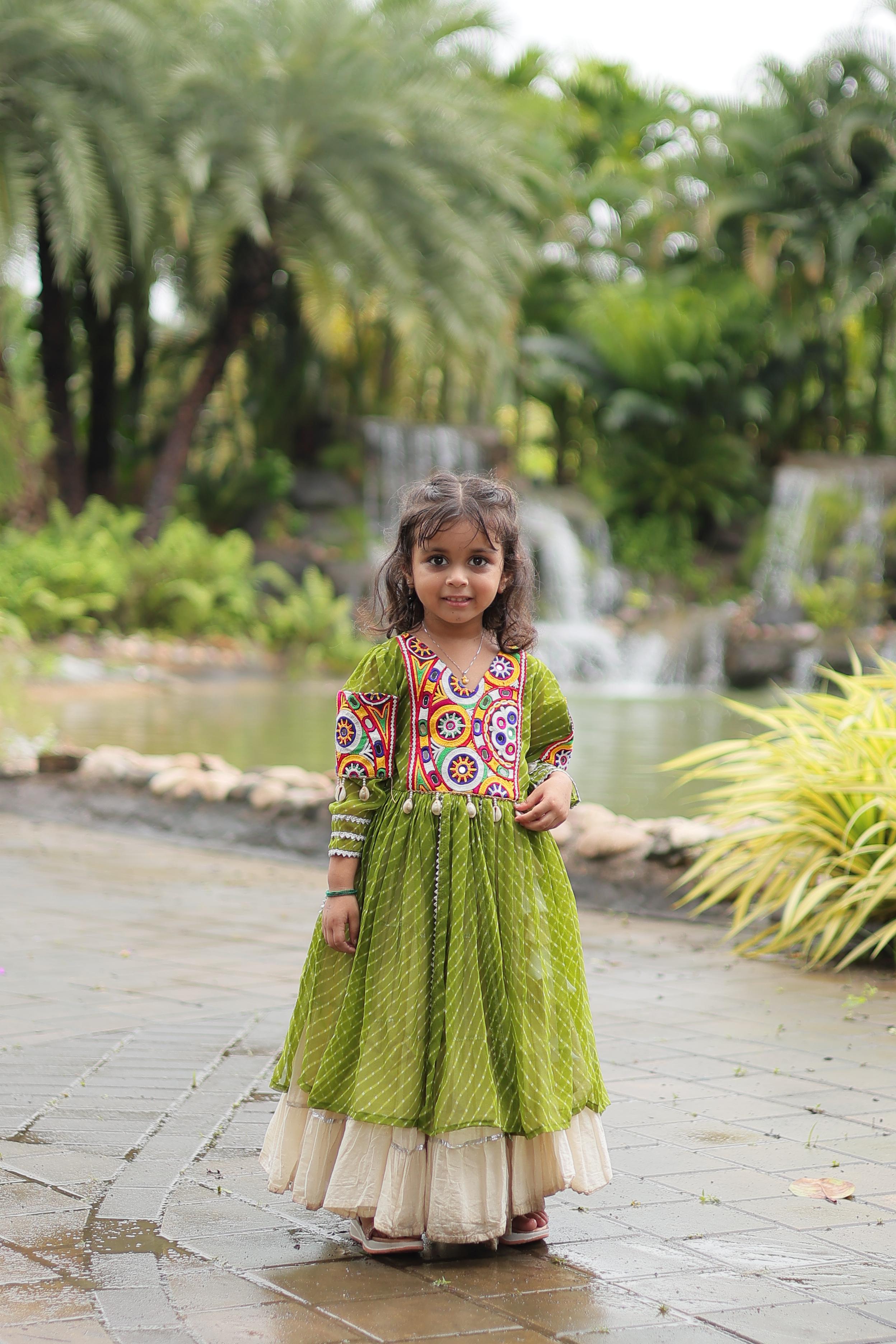 Traditional Wear Parrot Green Color Kora Cotton With Standard Frill Stitching Kurti With Lehenga Mother And Daughter Dress